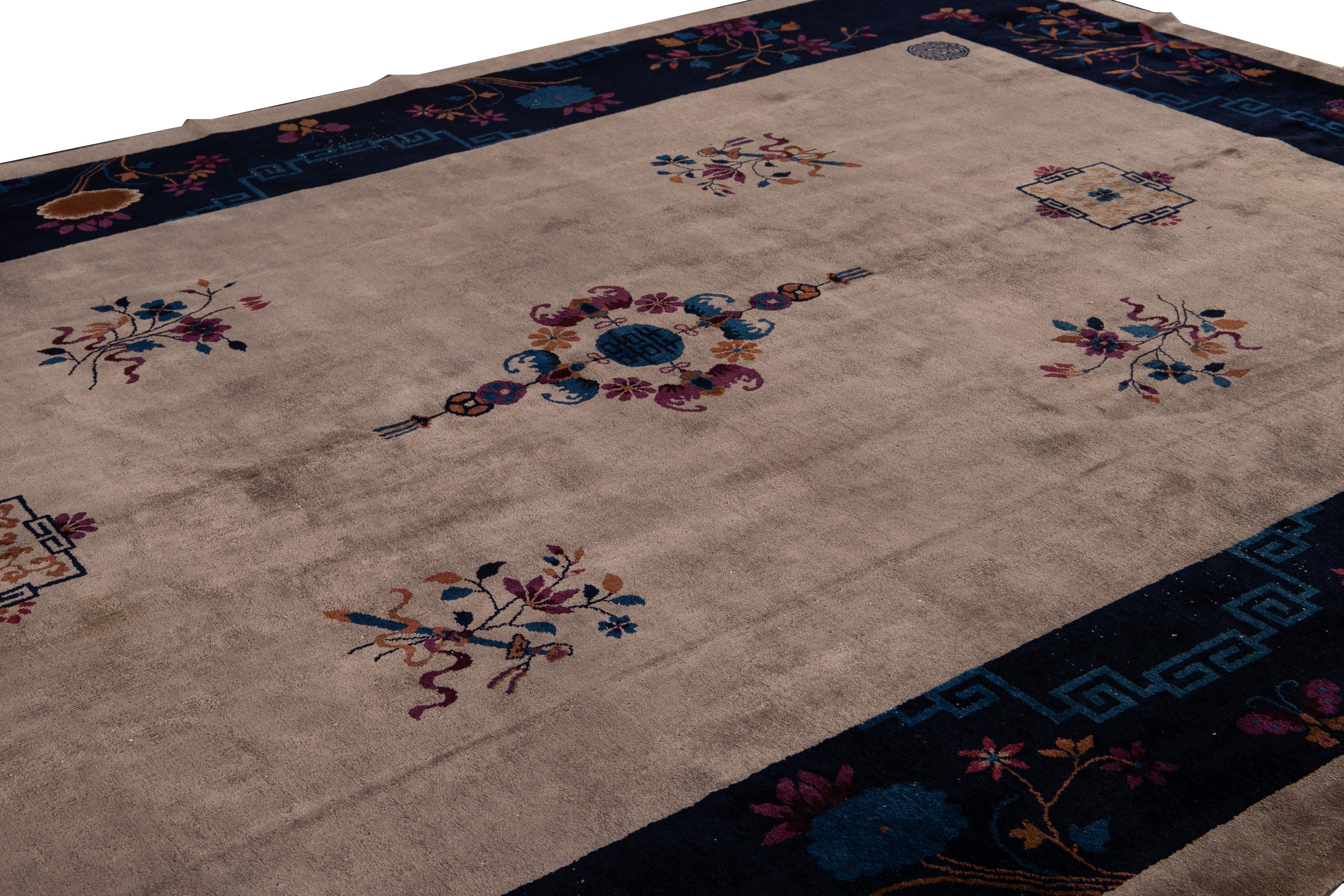Chinese Export Antique Peking Blue and Brown Chinese Handmade Medallion Wool Rug For Sale