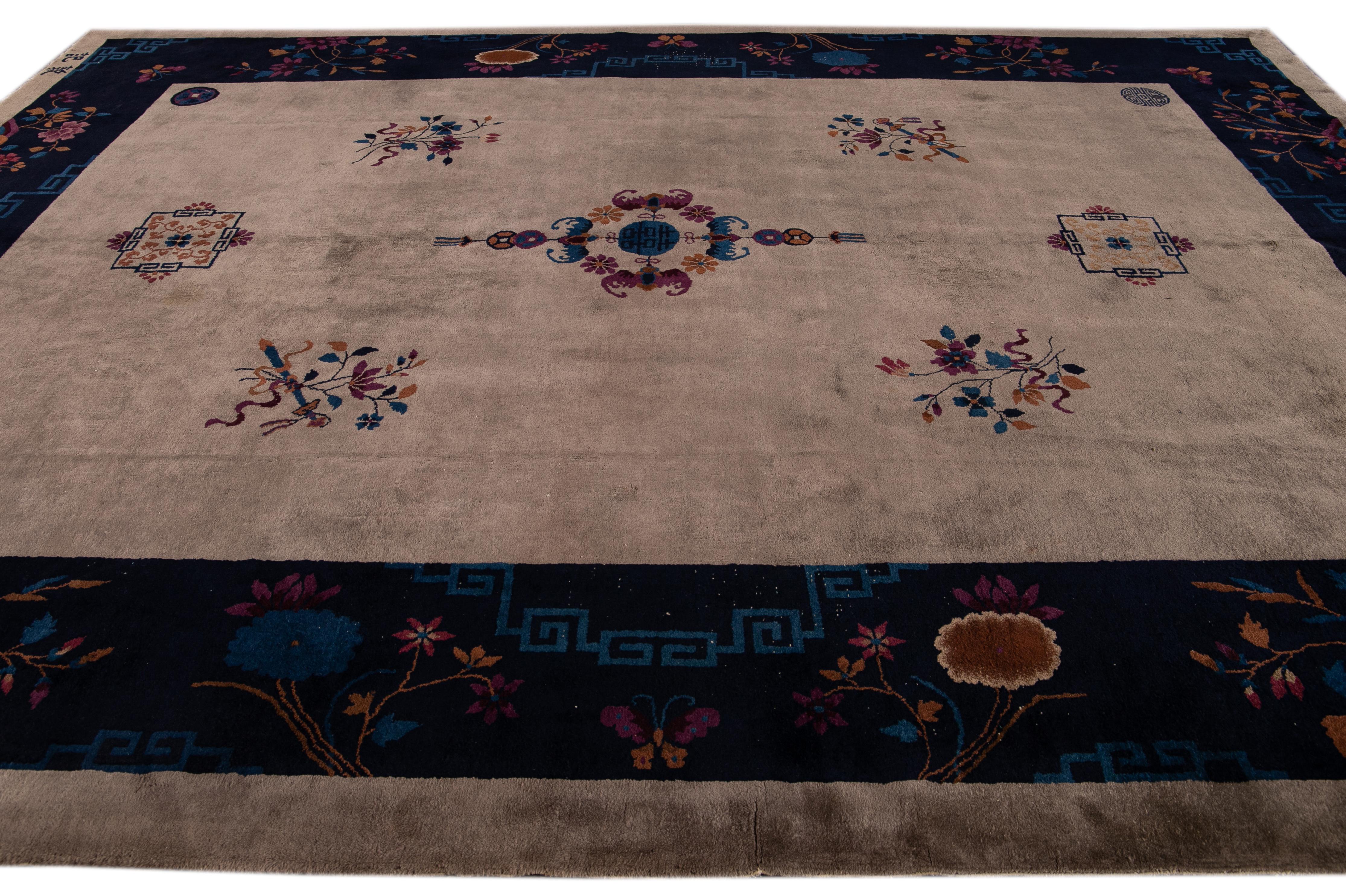 Hand-Knotted Antique Peking Blue and Brown Chinese Handmade Medallion Wool Rug For Sale