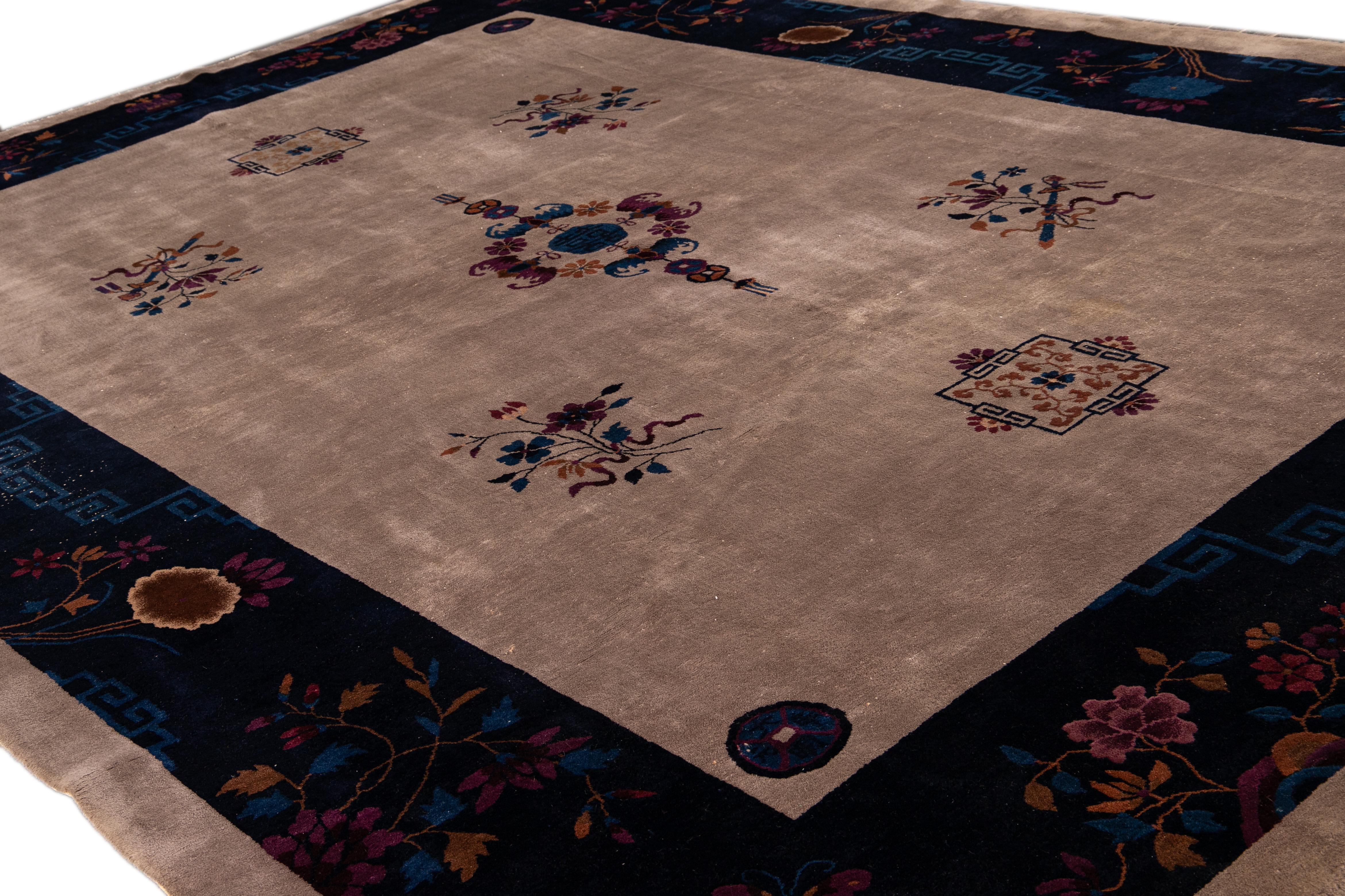 20th Century Antique Peking Blue and Brown Chinese Handmade Medallion Wool Rug For Sale