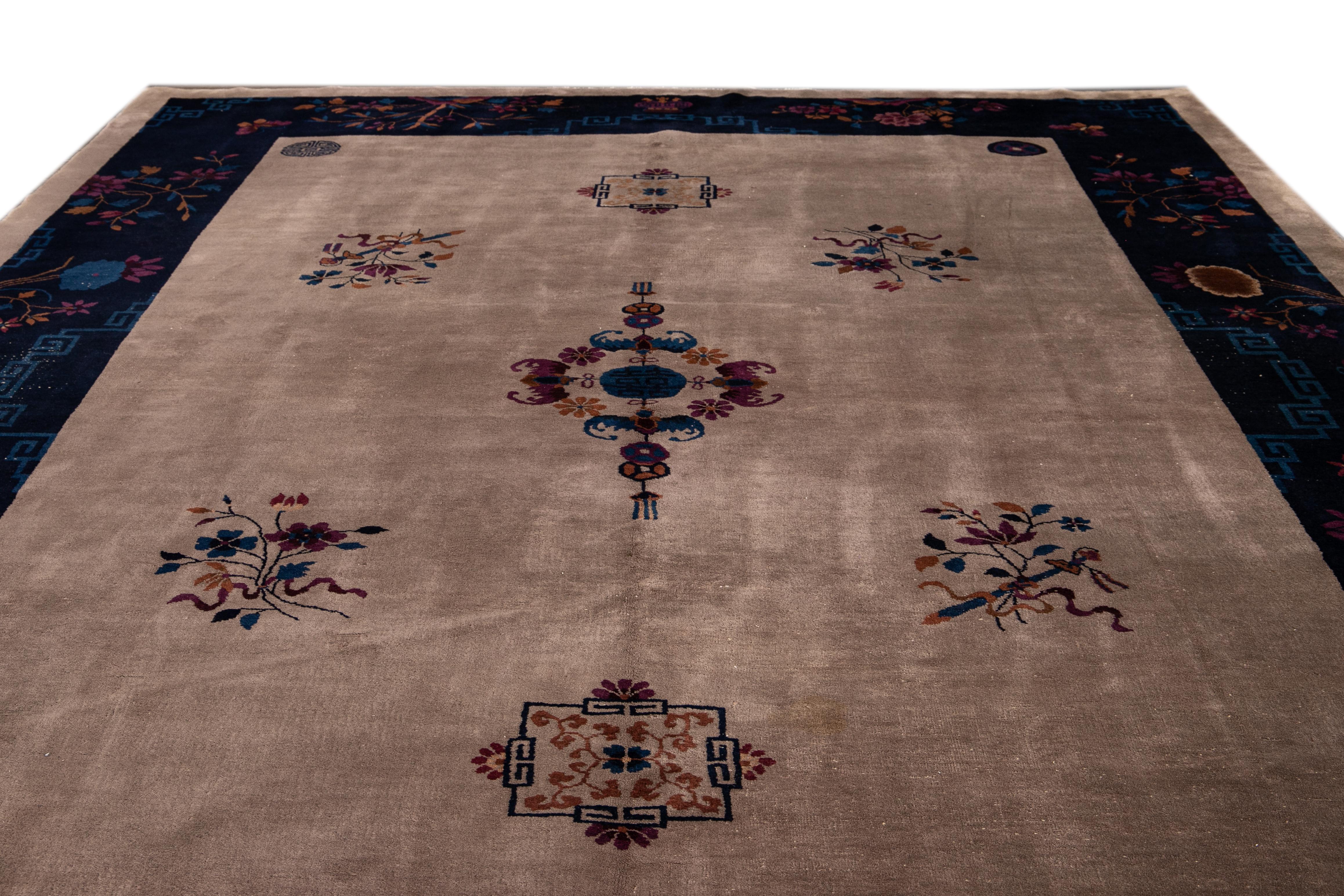 Other Antique Peking Blue and Brown Chinese Handmade Medallion Wool Rug For Sale