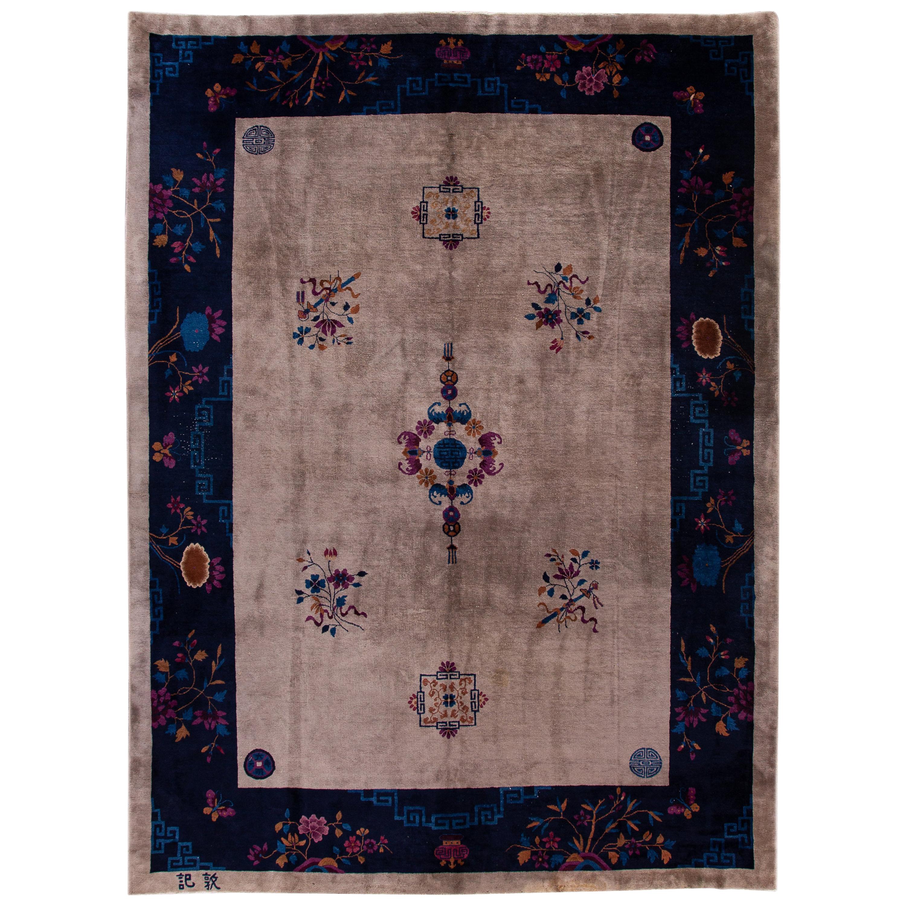 Antique Peking Blue and Brown Chinese Handmade Medallion Wool Rug For Sale