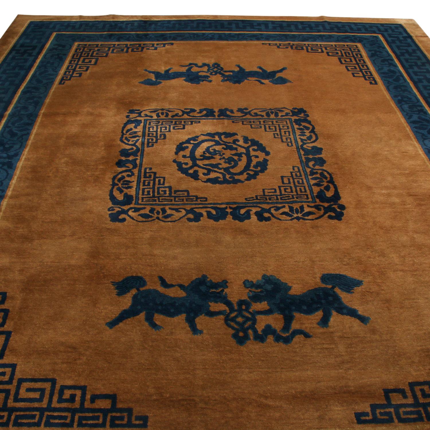 Originating from China in 1900, this antique hand knotted Peking rug embraces iconic elements of early Chinese Art Deco patterns with a distinguished series of symbols among its kind. Featuring high-quality wool in pristine condition, the abrashed