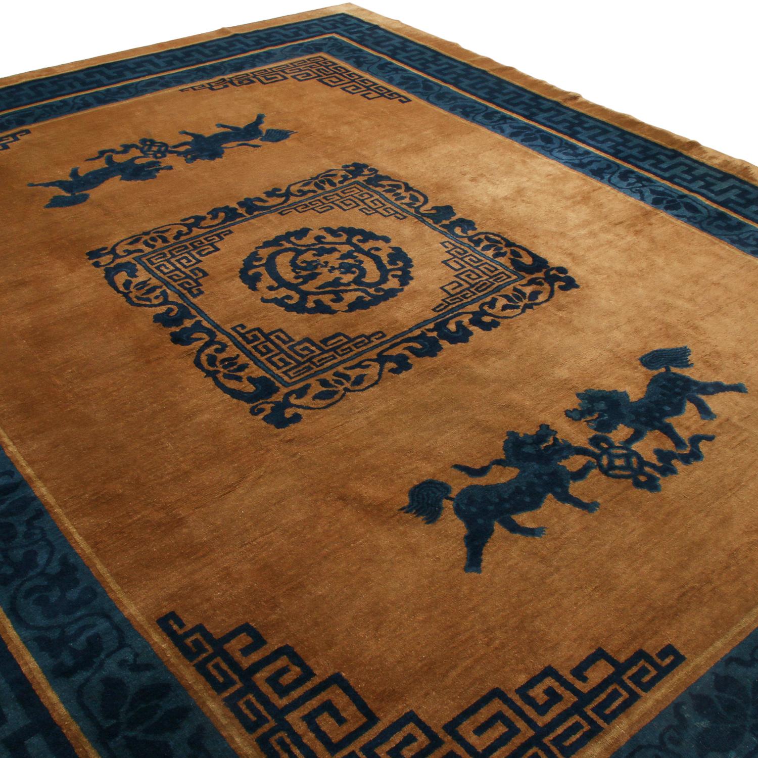 Chinese Antique Peking Blue & Copper Brown Wool Rug, Rare Kirin Design by Rug & Kilim For Sale