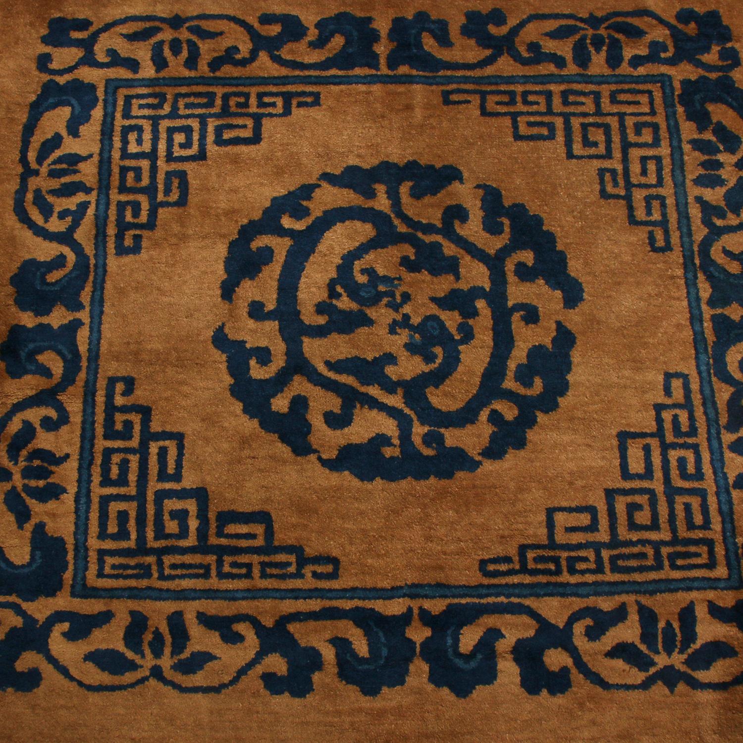 Hand-Knotted Antique Peking Blue & Copper Brown Wool Rug, Rare Kirin Design by Rug & Kilim For Sale
