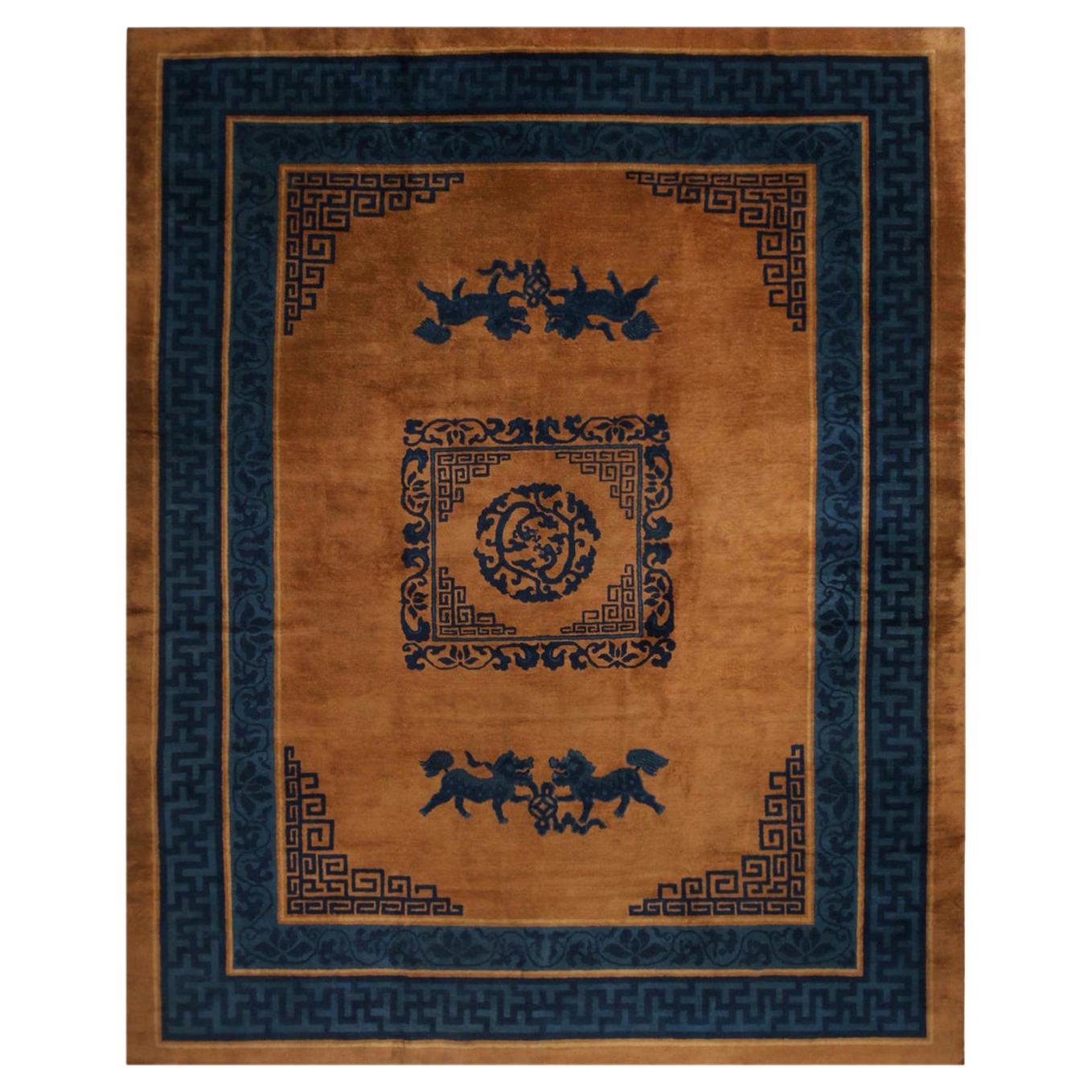 Antique Peking Blue & Copper Brown Wool Rug, Rare Kirin Design by Rug & Kilim