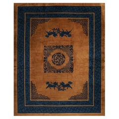 Tapis en laine pékinois ancien bleu et brun cuivre, design Kirin rare de Rug & Kilim