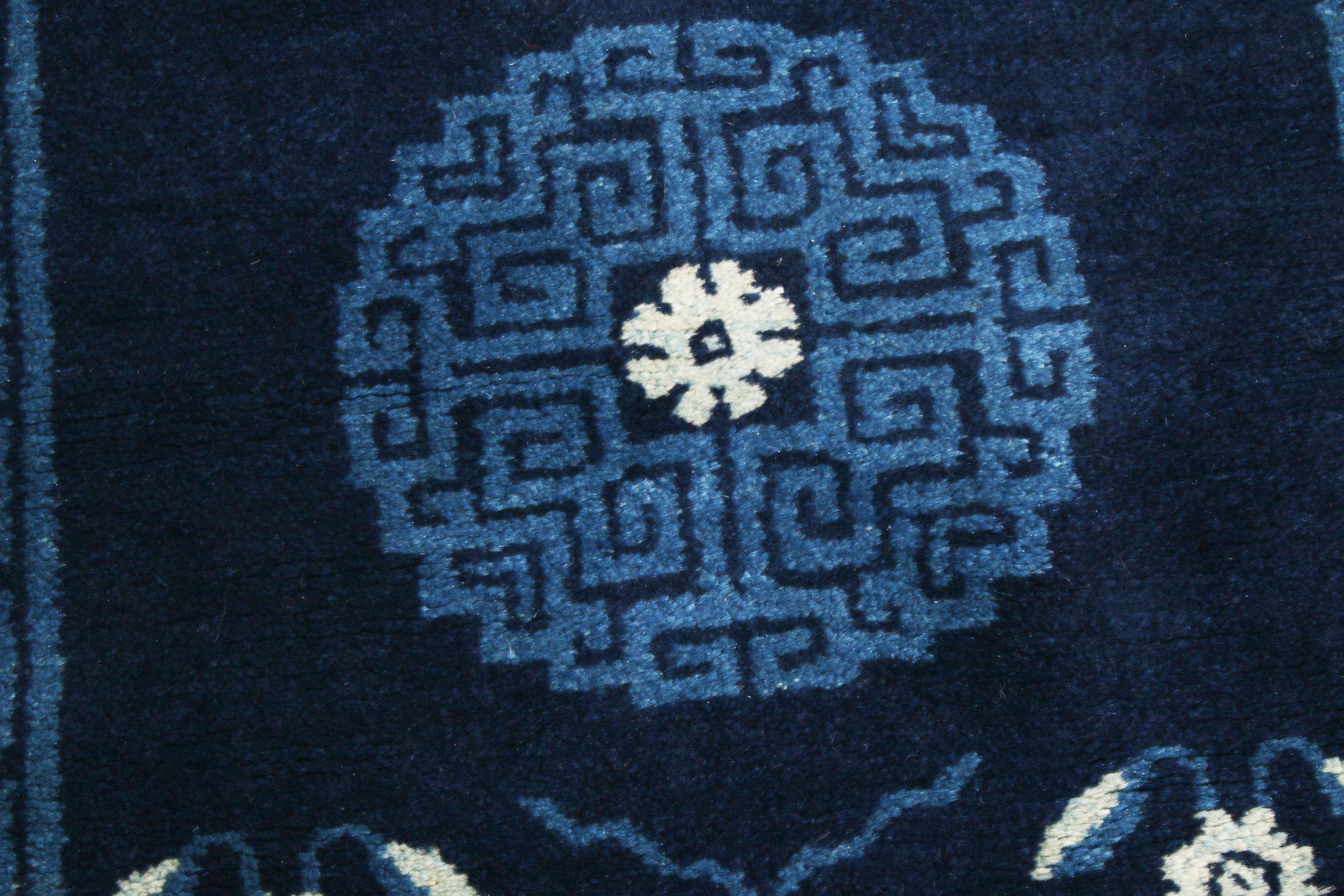 Hand-Knotted Antique Peking Blue Wool Rug with White Floral Accents