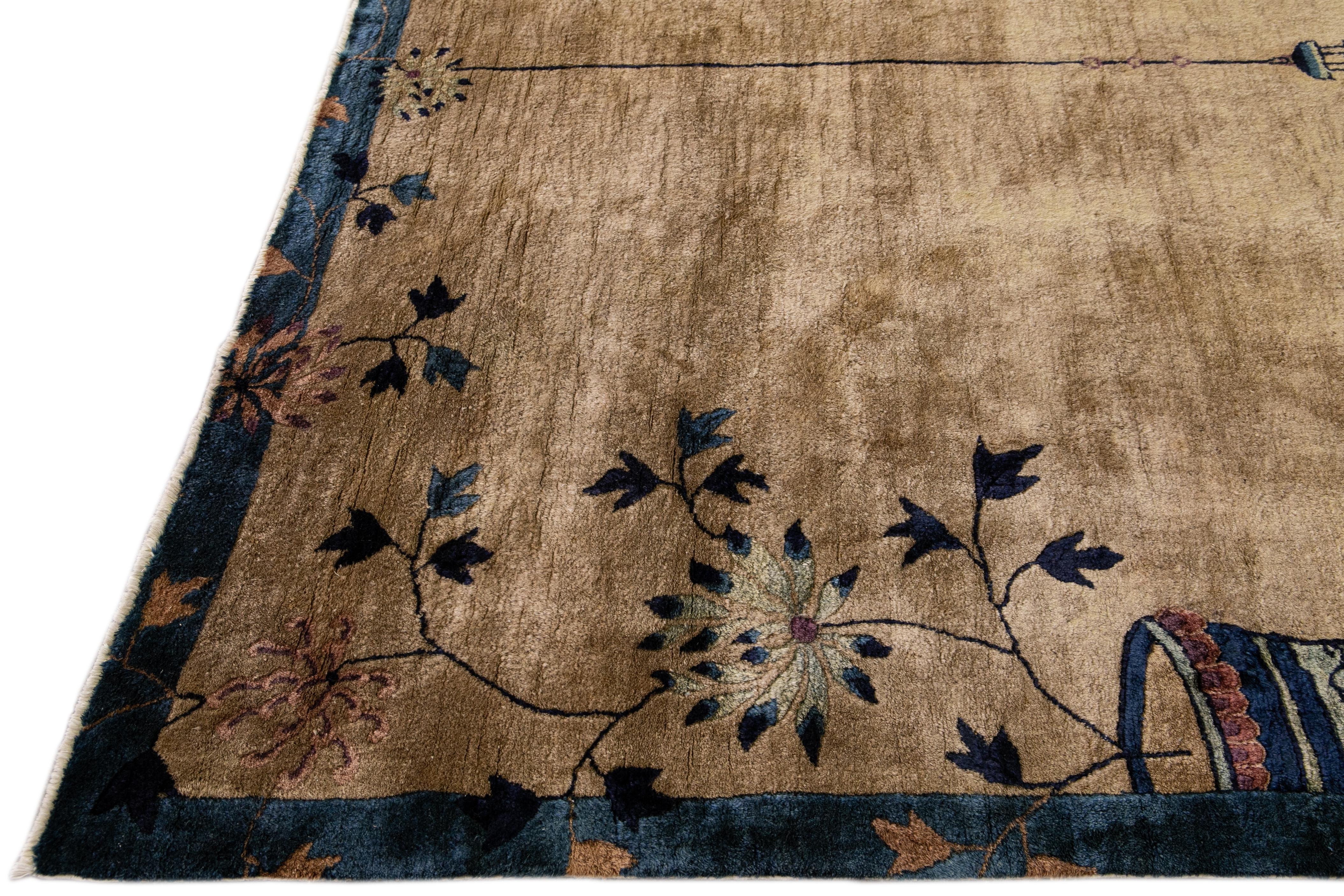 Hand-Knotted Antique Peking Brown Handmade Chinese Floral Wool Runner Rug For Sale