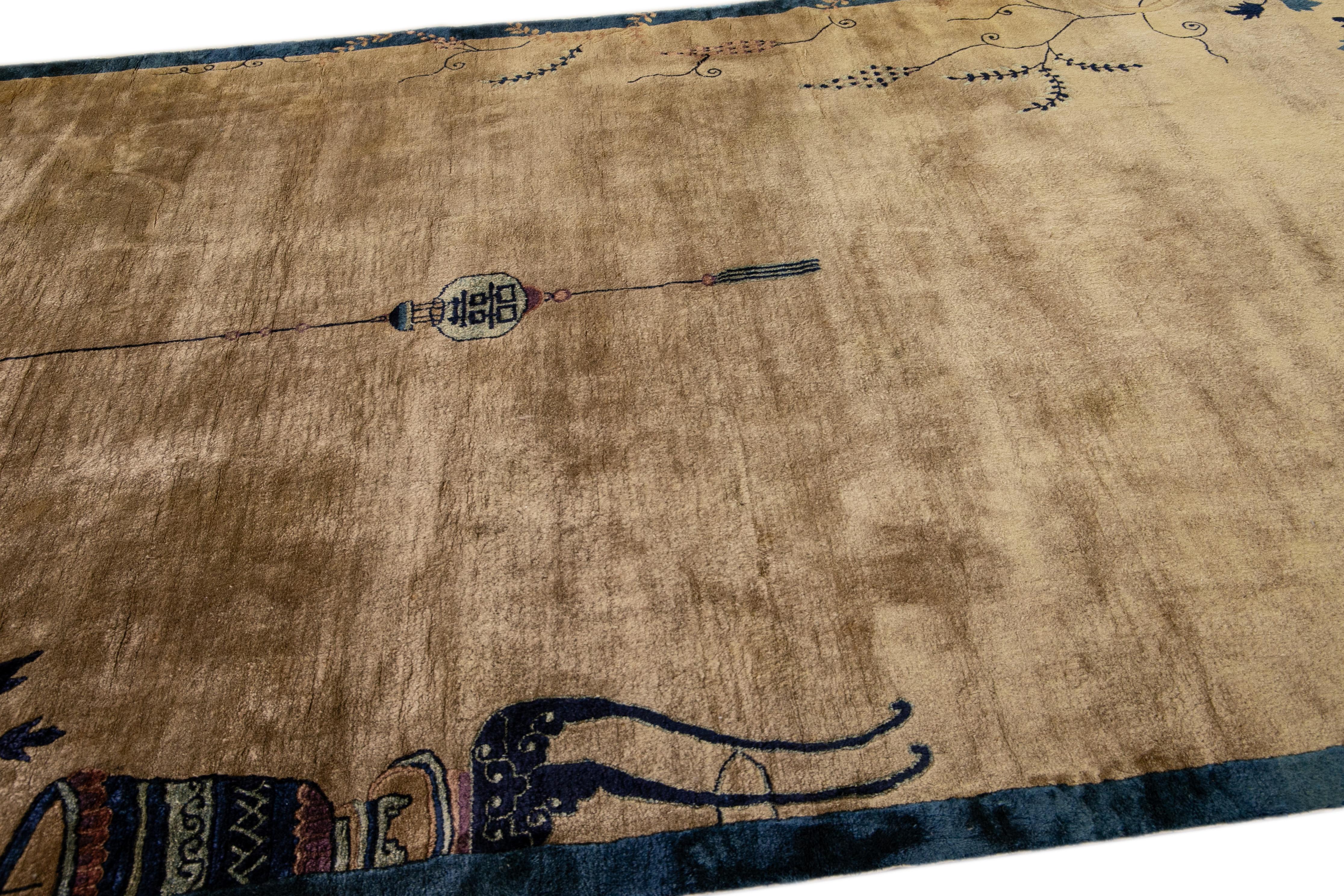 Antique Peking Brown Handmade Chinese Floral Wool Runner Rug In Good Condition For Sale In Norwalk, CT
