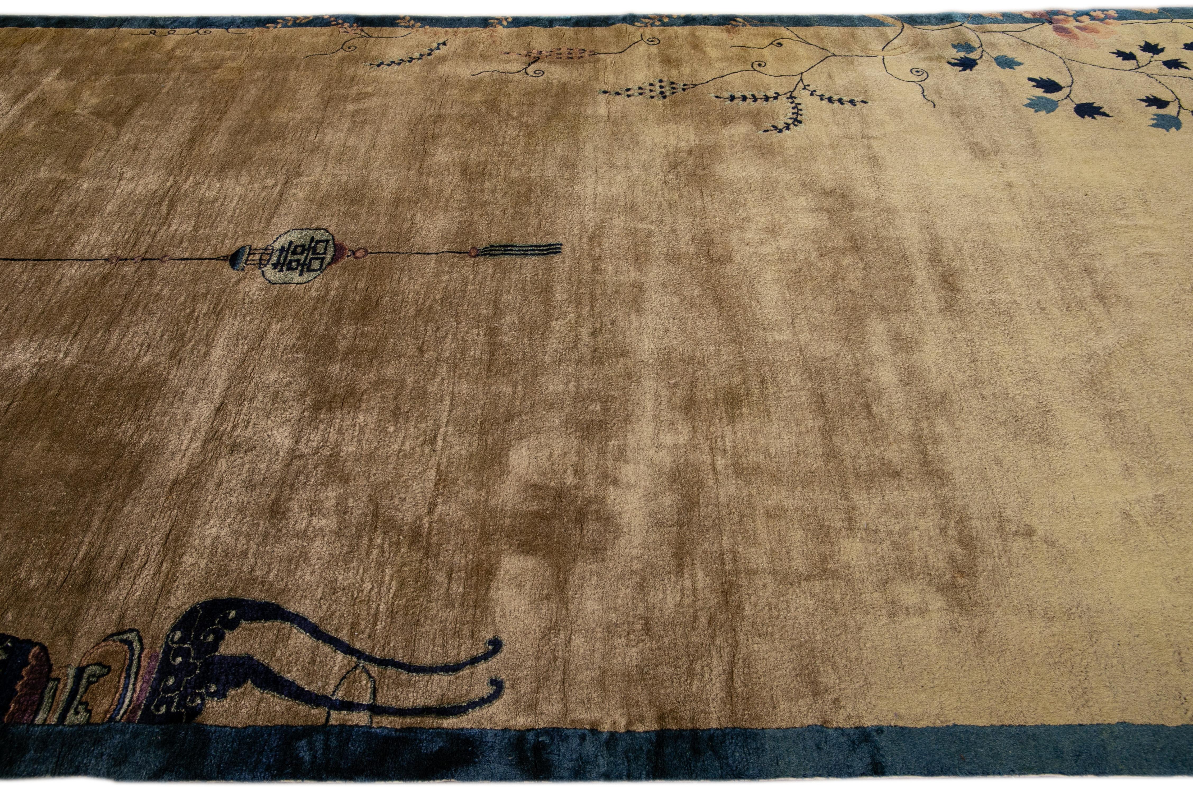 20th Century Antique Peking Brown Handmade Chinese Floral Wool Runner Rug For Sale