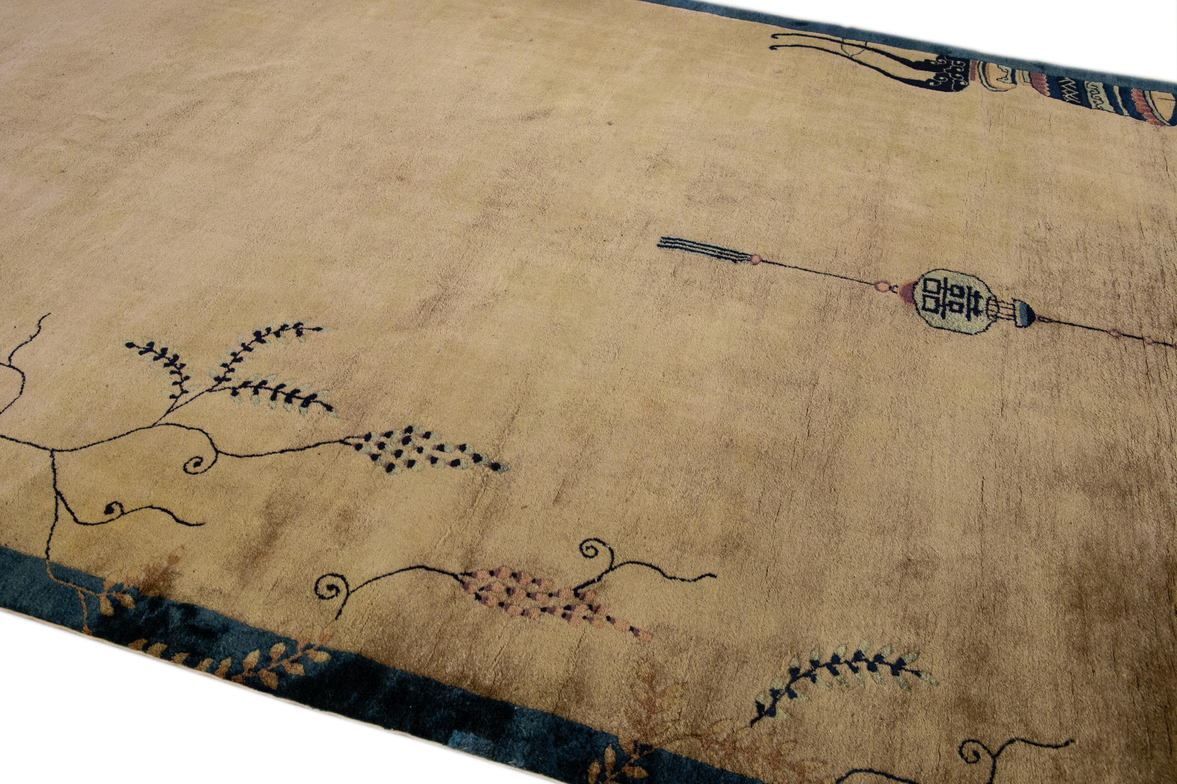 Antique Peking Brown Handmade Chinese Floral Wool Runner Rug For Sale 1