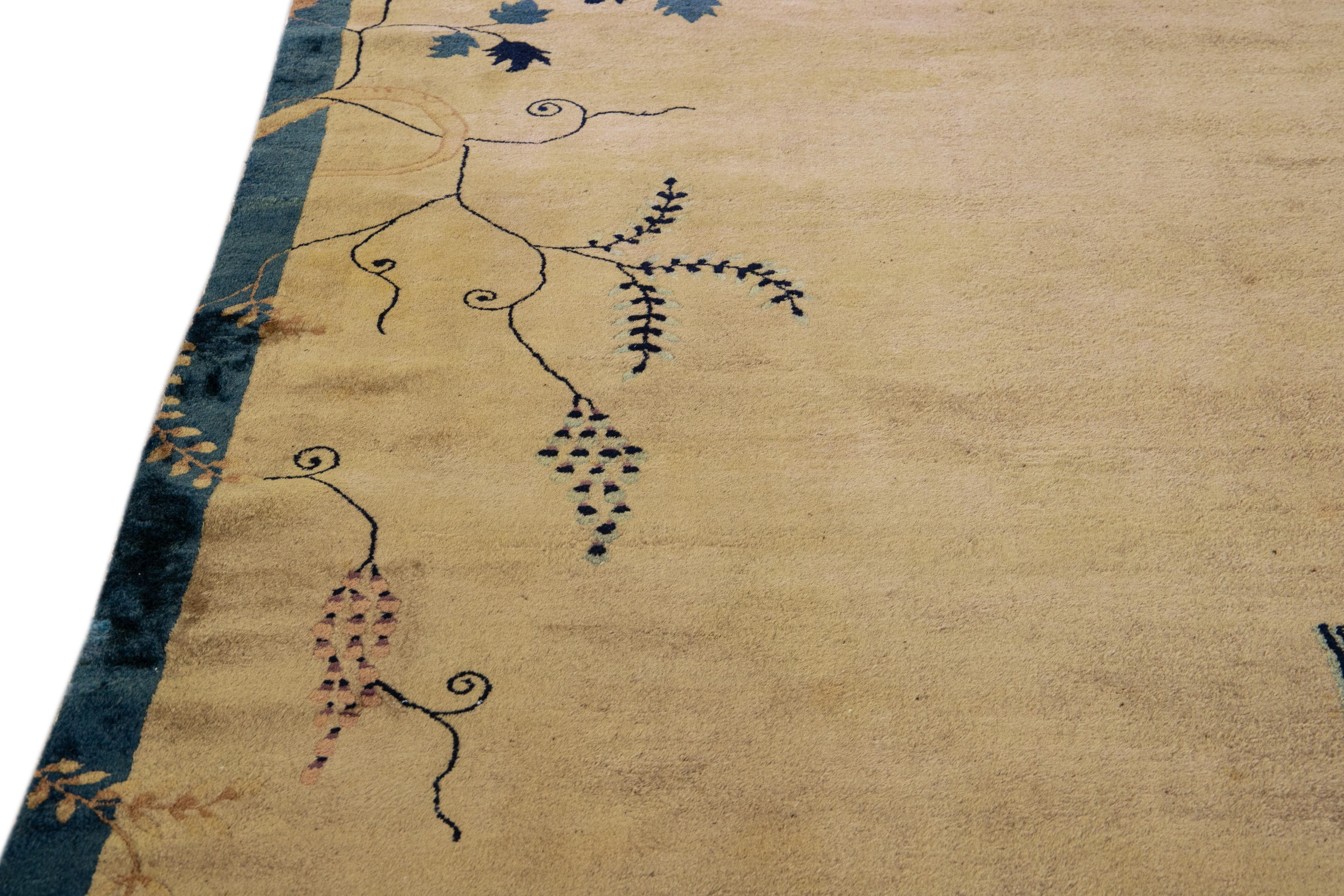 Antique Peking Brown Handmade Chinese Floral Wool Runner Rug For Sale 2