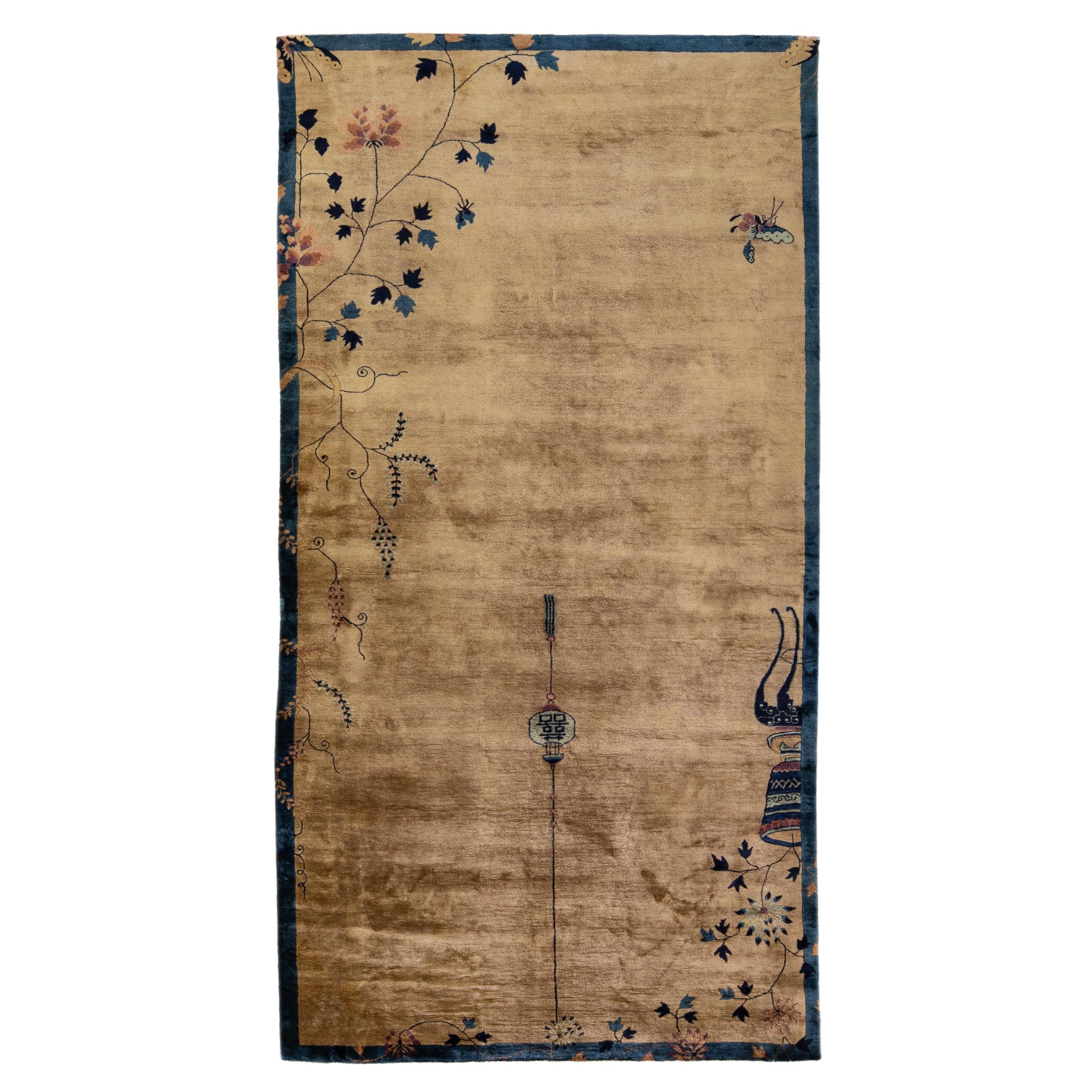 Antique Peking Brown Handmade Chinese Floral Wool Runner Rug (tapis de course en laine)