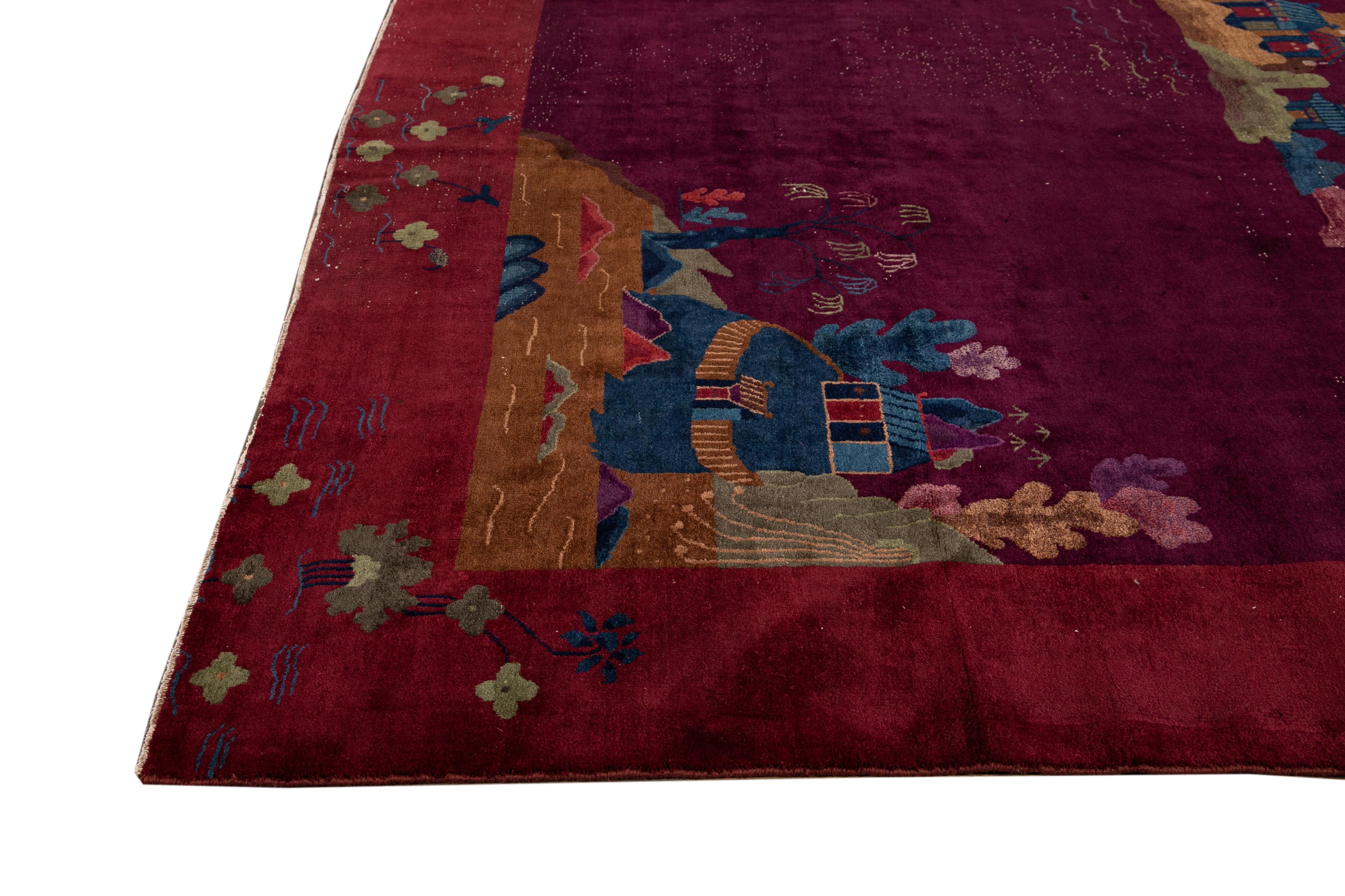 Hand-Knotted Antique Peking Burgundy Chinese Handmade Wool Rug For Sale