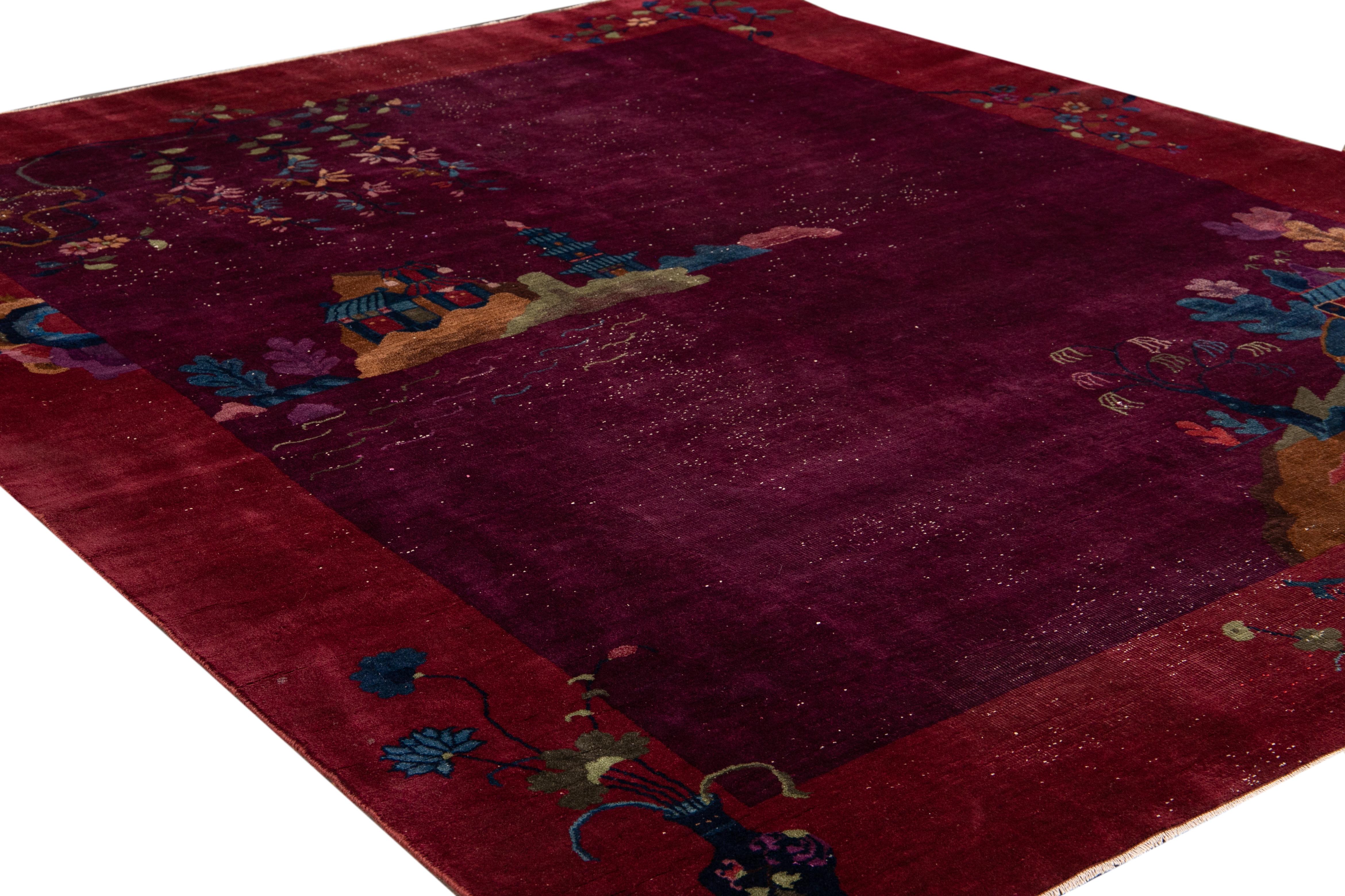 Other Antique Peking Burgundy Chinese Handmade Wool Rug For Sale