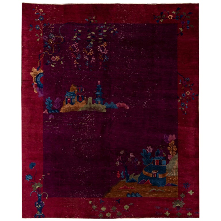 Antique Peking Burgundy Chinese Handmade Wool Rug For Sale at 1stDibs