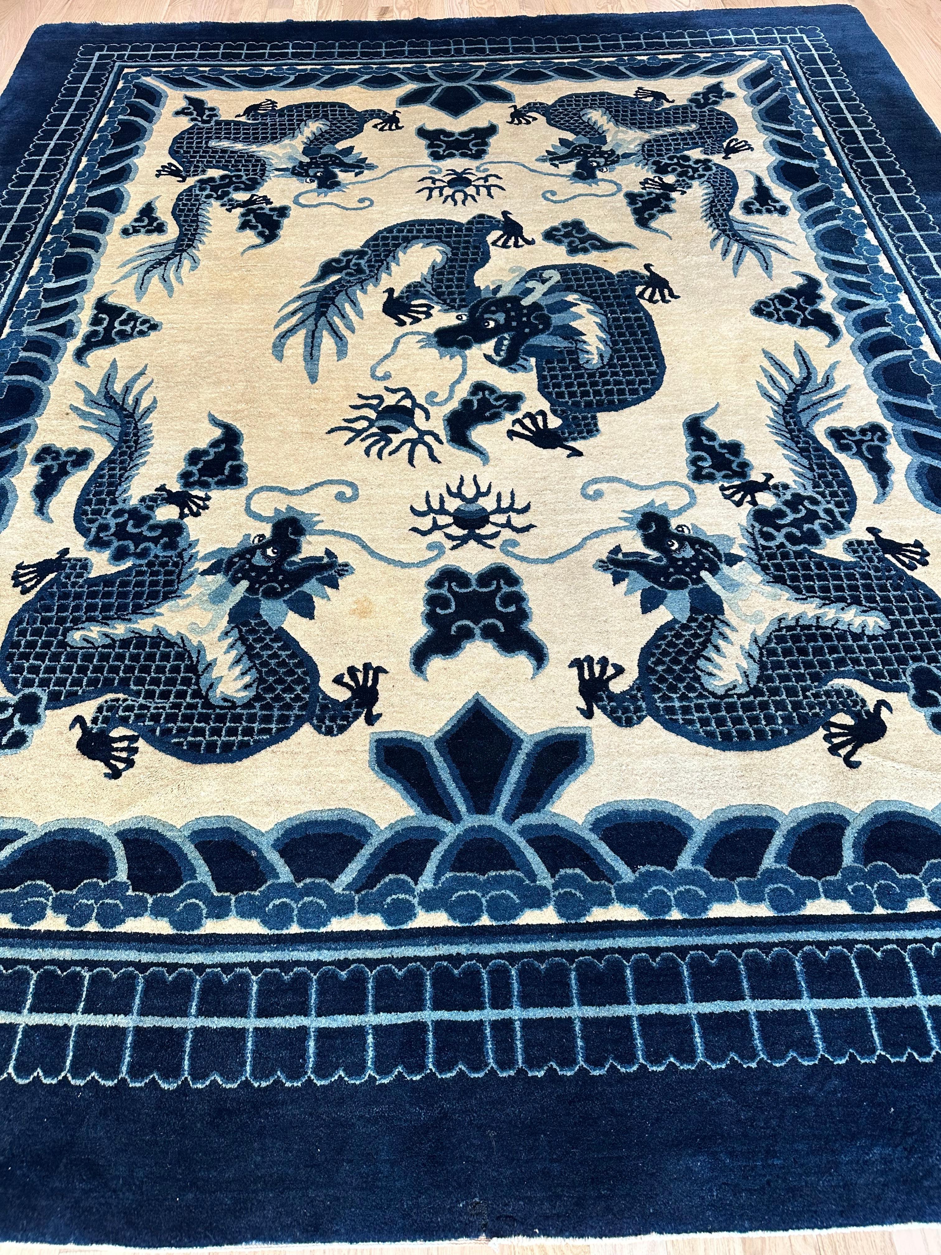 Antique Peking Chinese Dragon Carpet, off white Blue Oriental Handmade Wool Rug For Sale 4