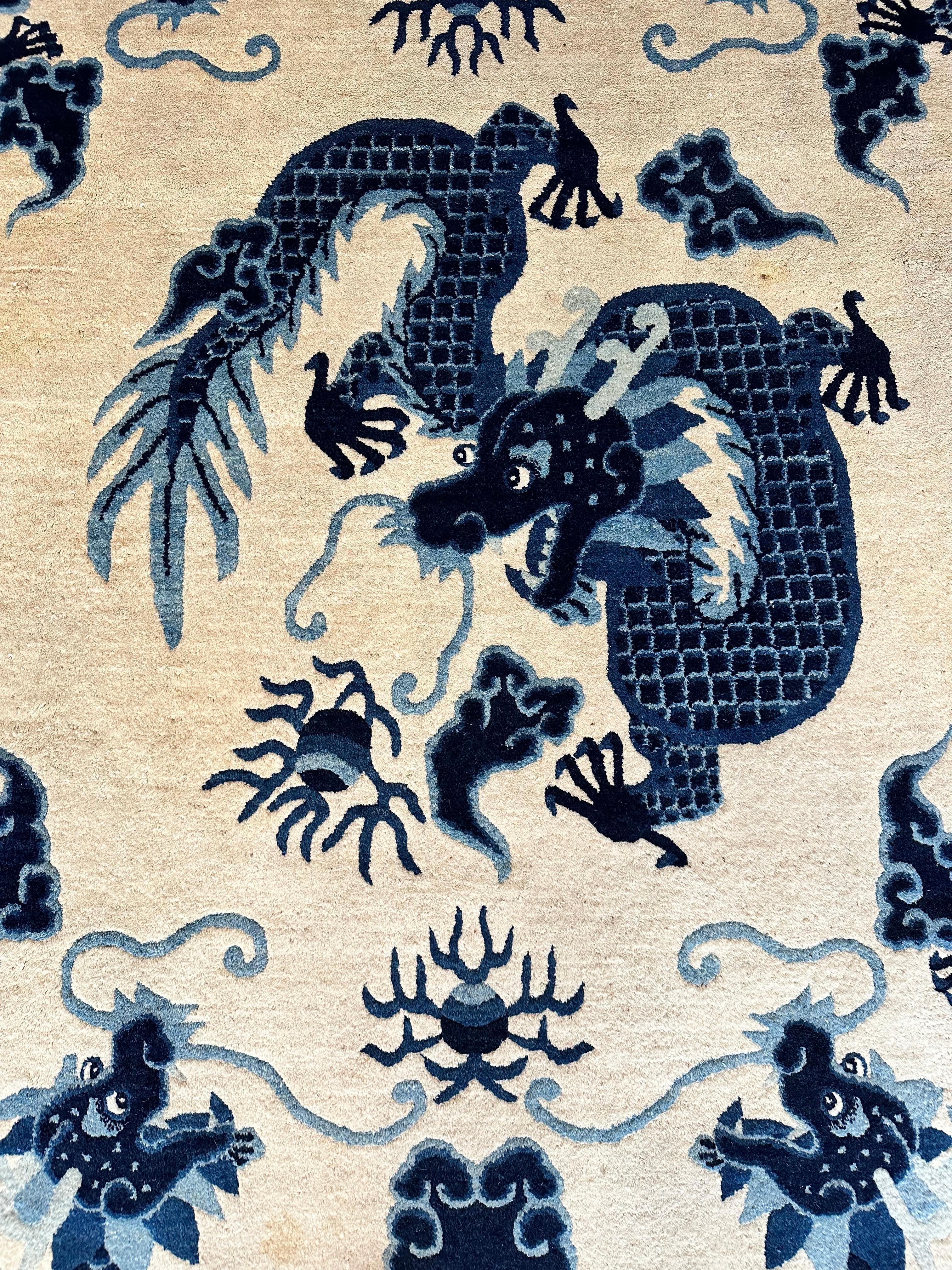 Antique Peking Chinese Dragon Carpet, off white Blue Oriental Handmade Wool Rug For Sale 5