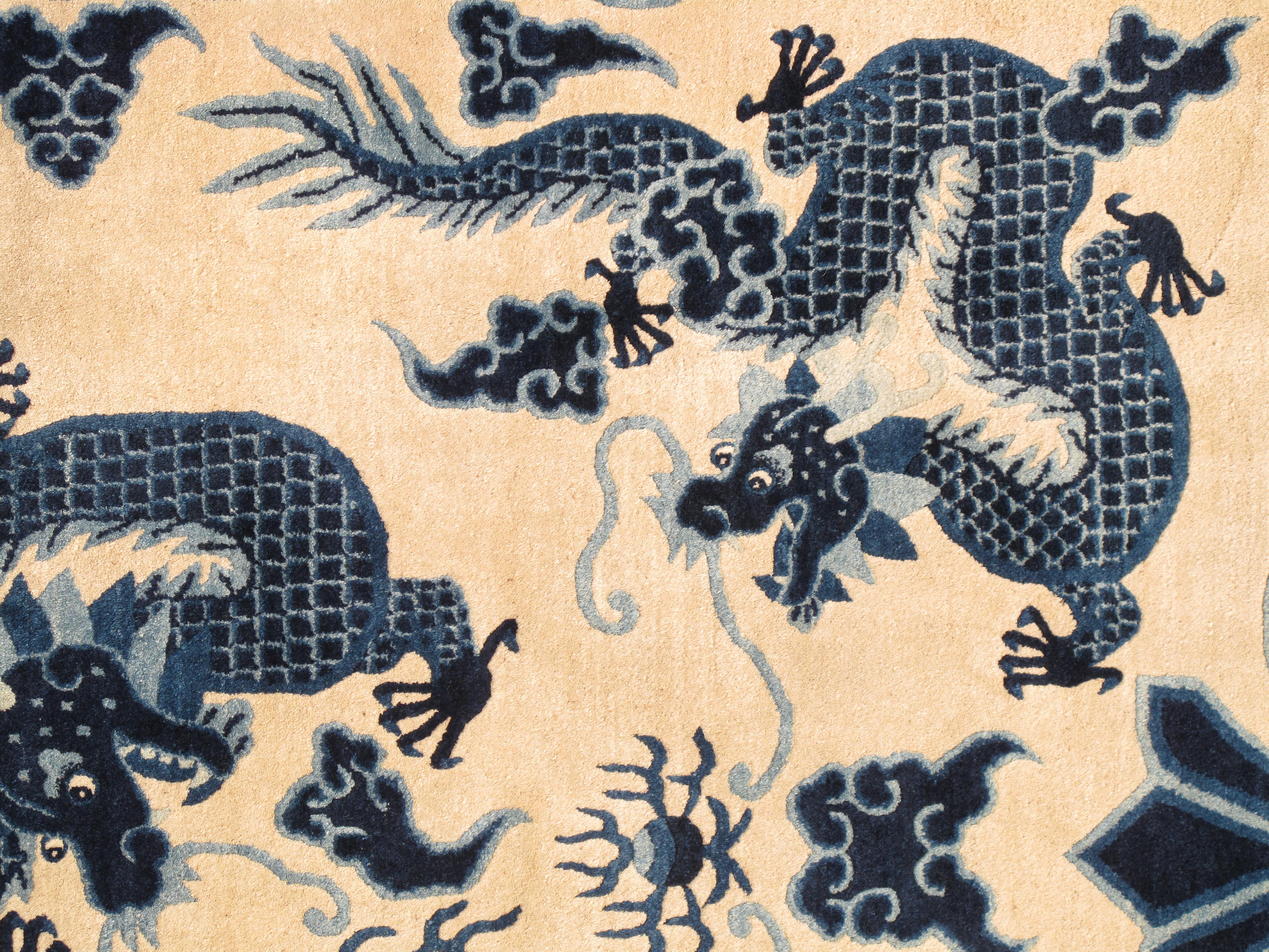 Art Deco Antique Peking Chinese Dragon Carpet, off white Blue Oriental Handmade Wool Rug For Sale