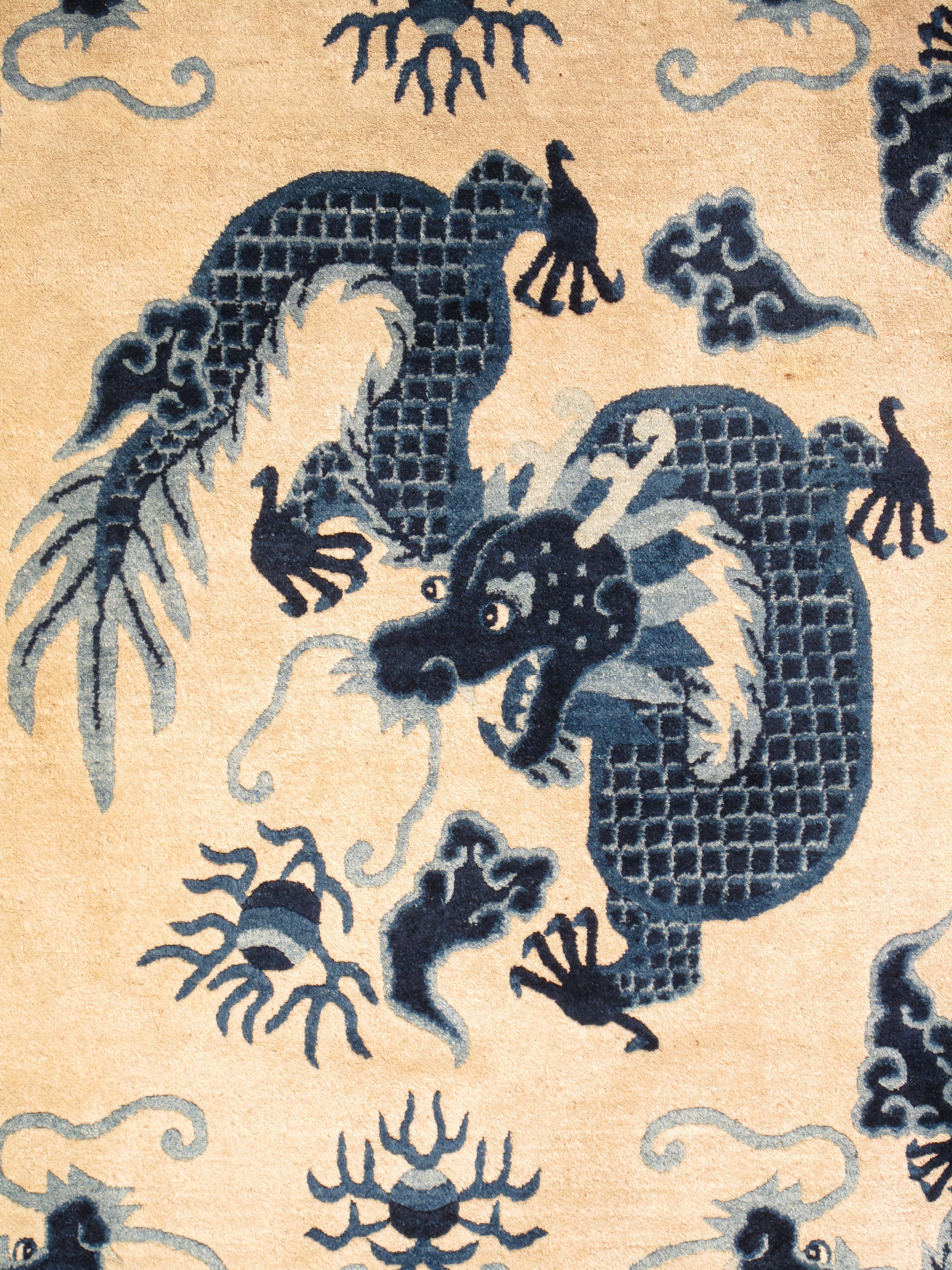 19th Century Antique Peking Chinese Dragon Carpet, off white Blue Oriental Handmade Wool Rug For Sale