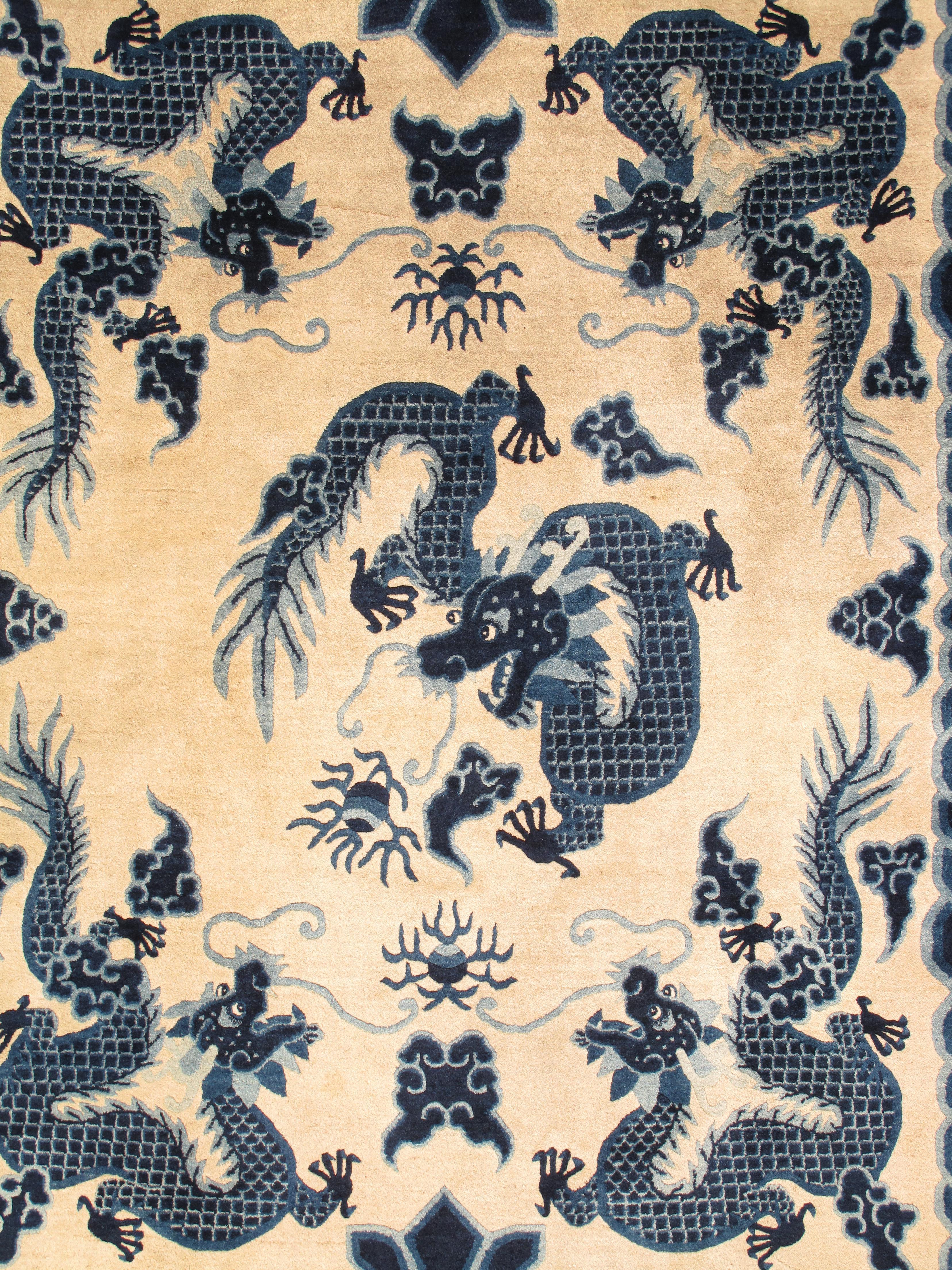 Antique Peking Chinese Dragon Carpet, off white Blue Oriental Handmade Wool Rug For Sale 1