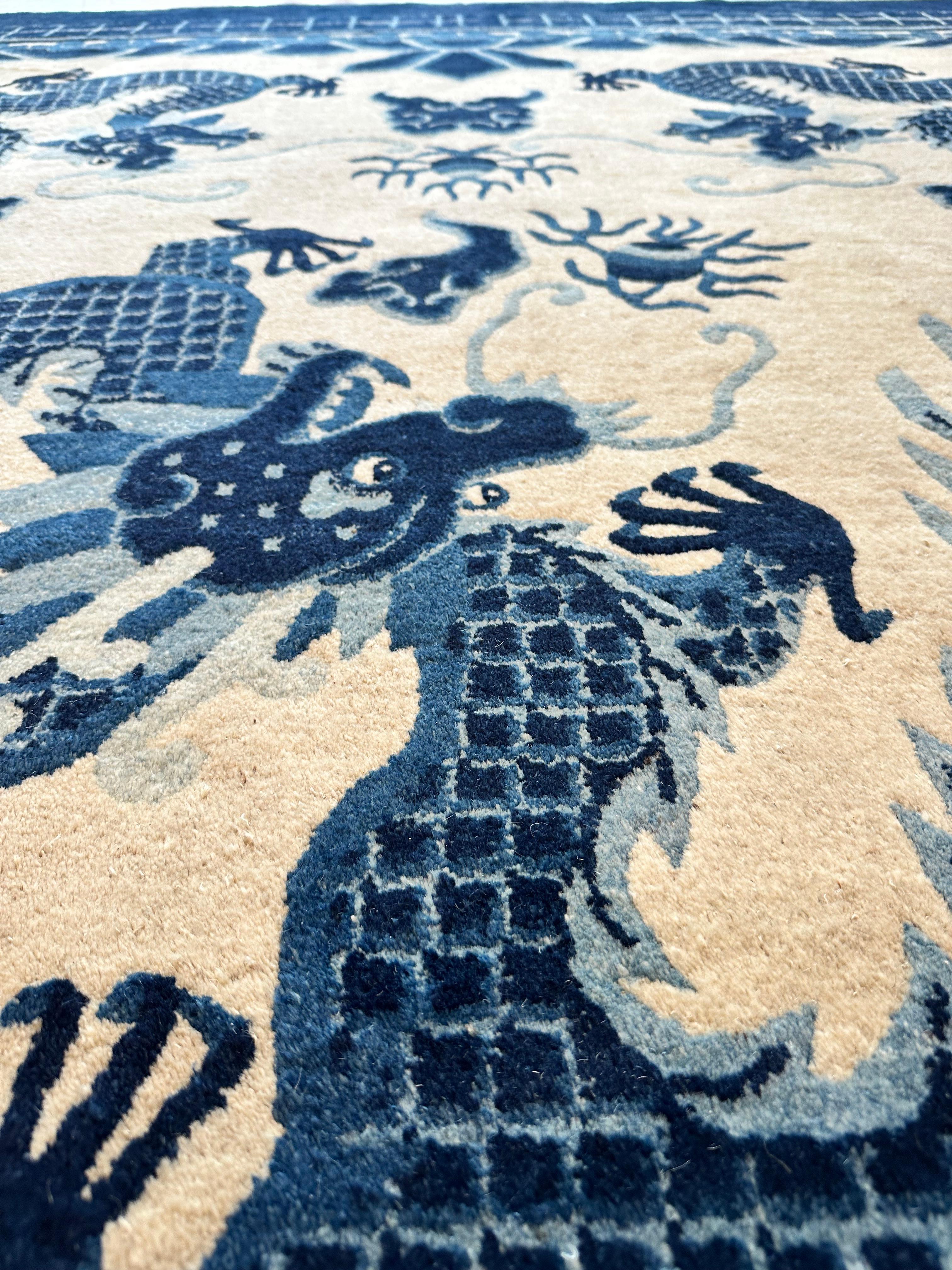 Antique Peking Chinese Dragon Carpet, off white Blue Oriental Handmade Wool Rug For Sale 3