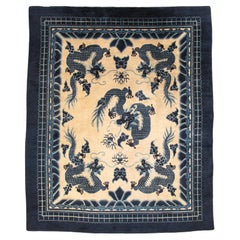 Antique Peking Chinese Dragon Carpet, off white Blue Oriental Handmade Wool Rug