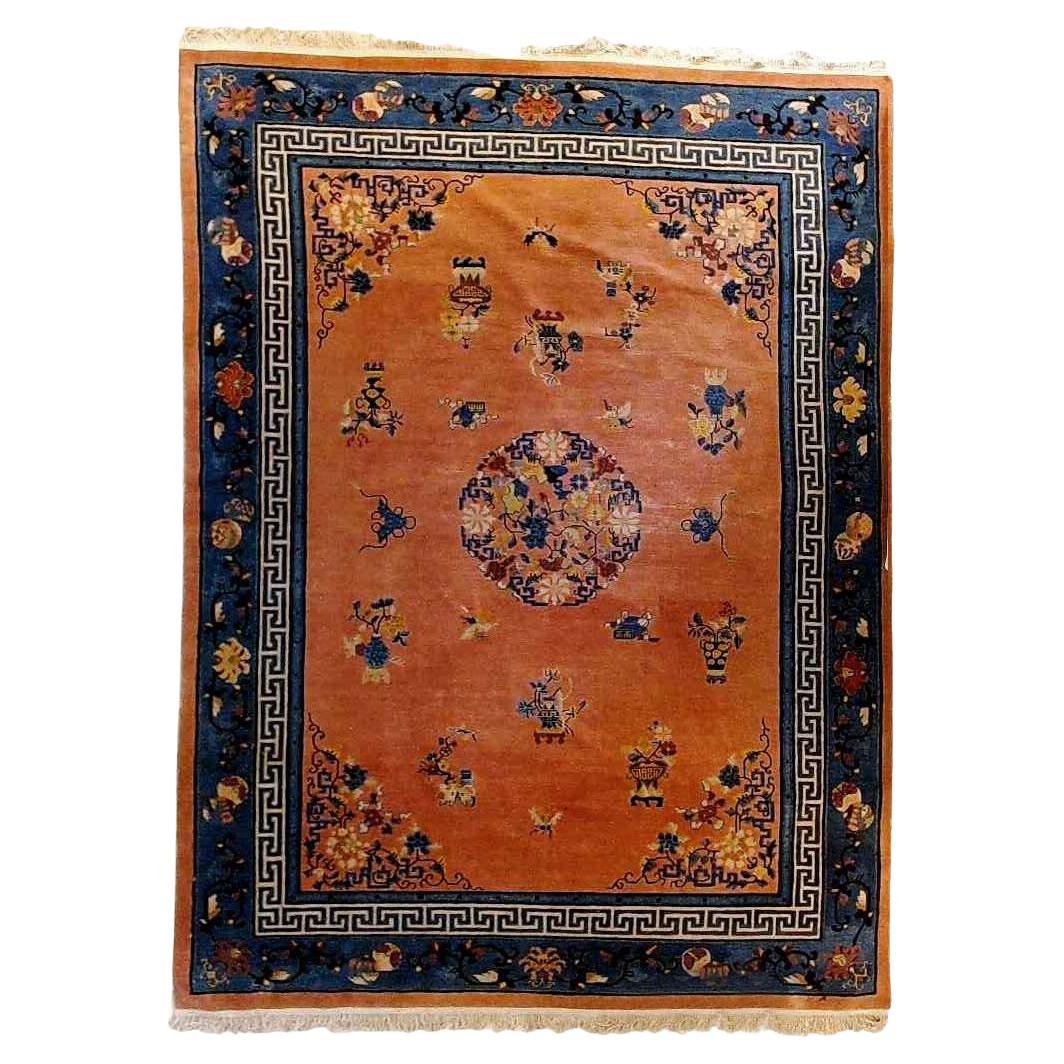 Antique Peking Chinese Oriental Wool Rug With GArden Flowers & Birds C1920 For Sale