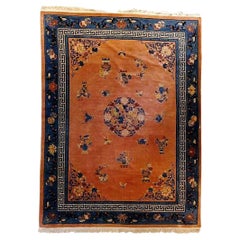 Antique Peking Chinese Oriental Wool Rug With GArden Flowers & Birds C1920