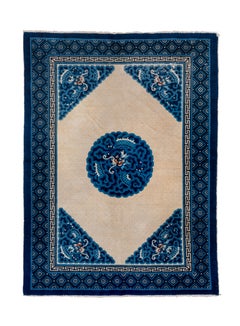 Antique Peking Chinese Rug with Ecru Field and Dark Blue Design
