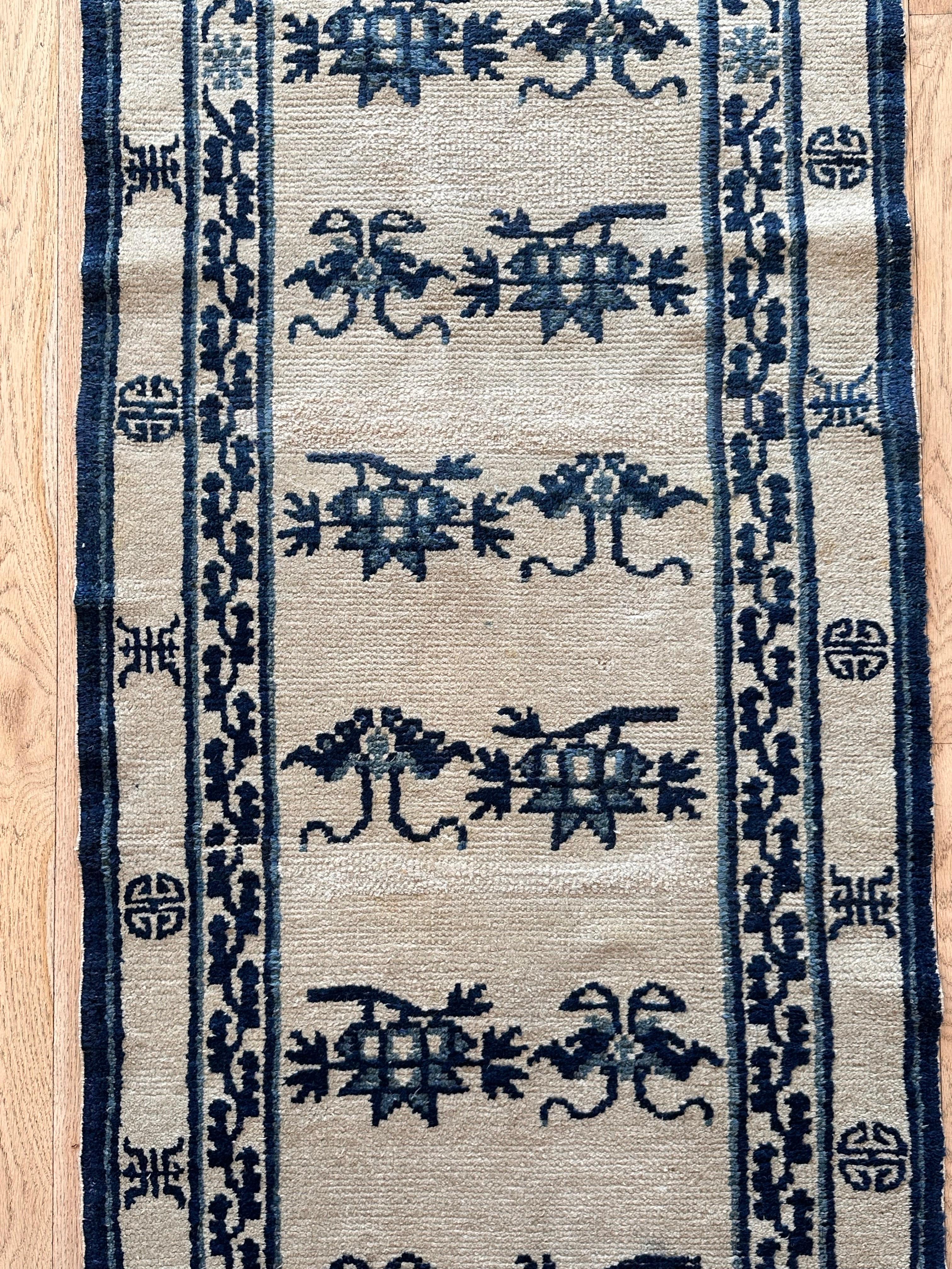 Chinese Export Antique Peking Chinese Runner, Handmade Oriental Rug, Circa 1870, Ivory and Blue For Sale