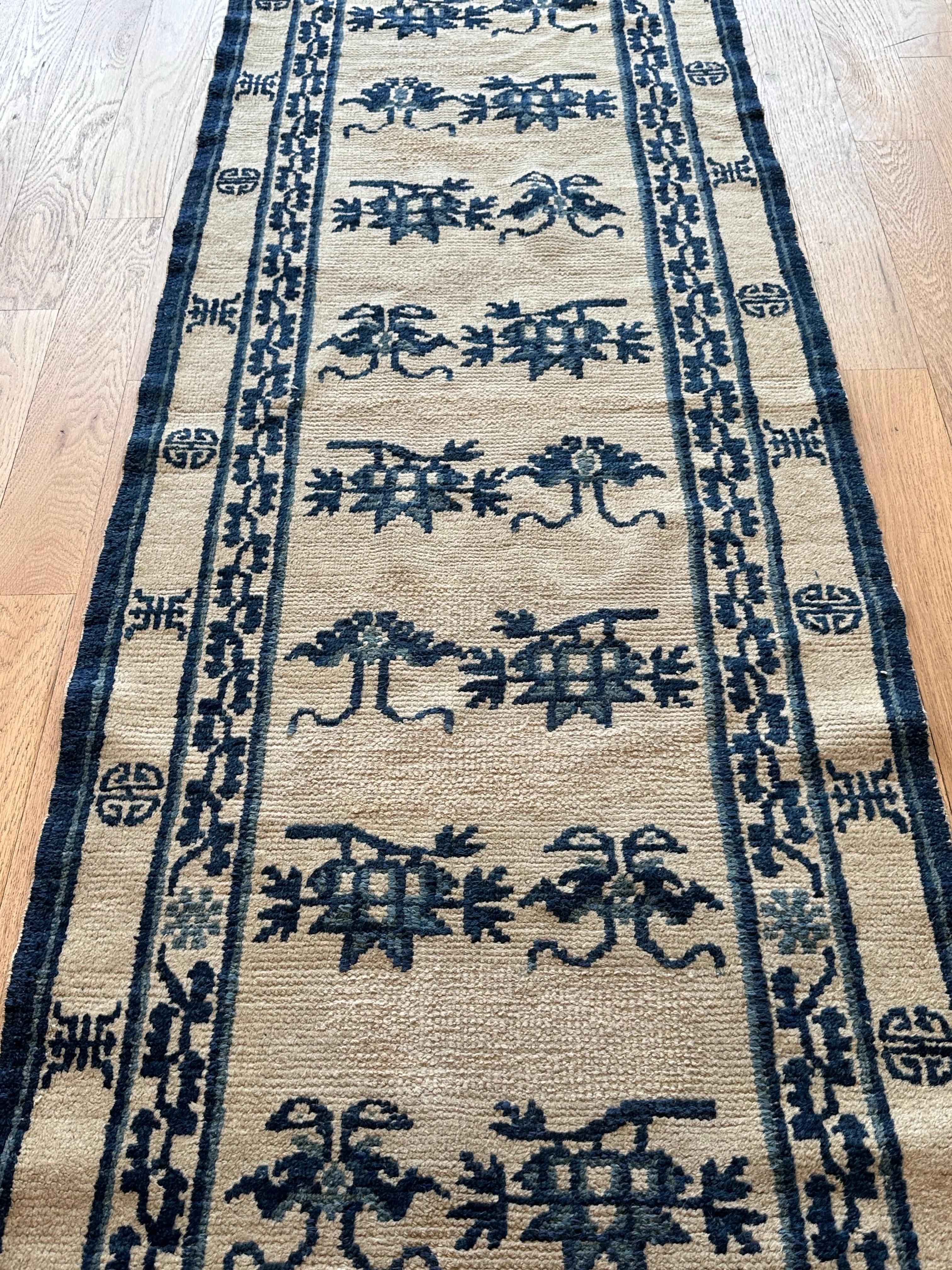 Hand-Knotted Antique Peking Chinese Runner, Handmade Oriental Rug, Circa 1870, Ivory and Blue For Sale