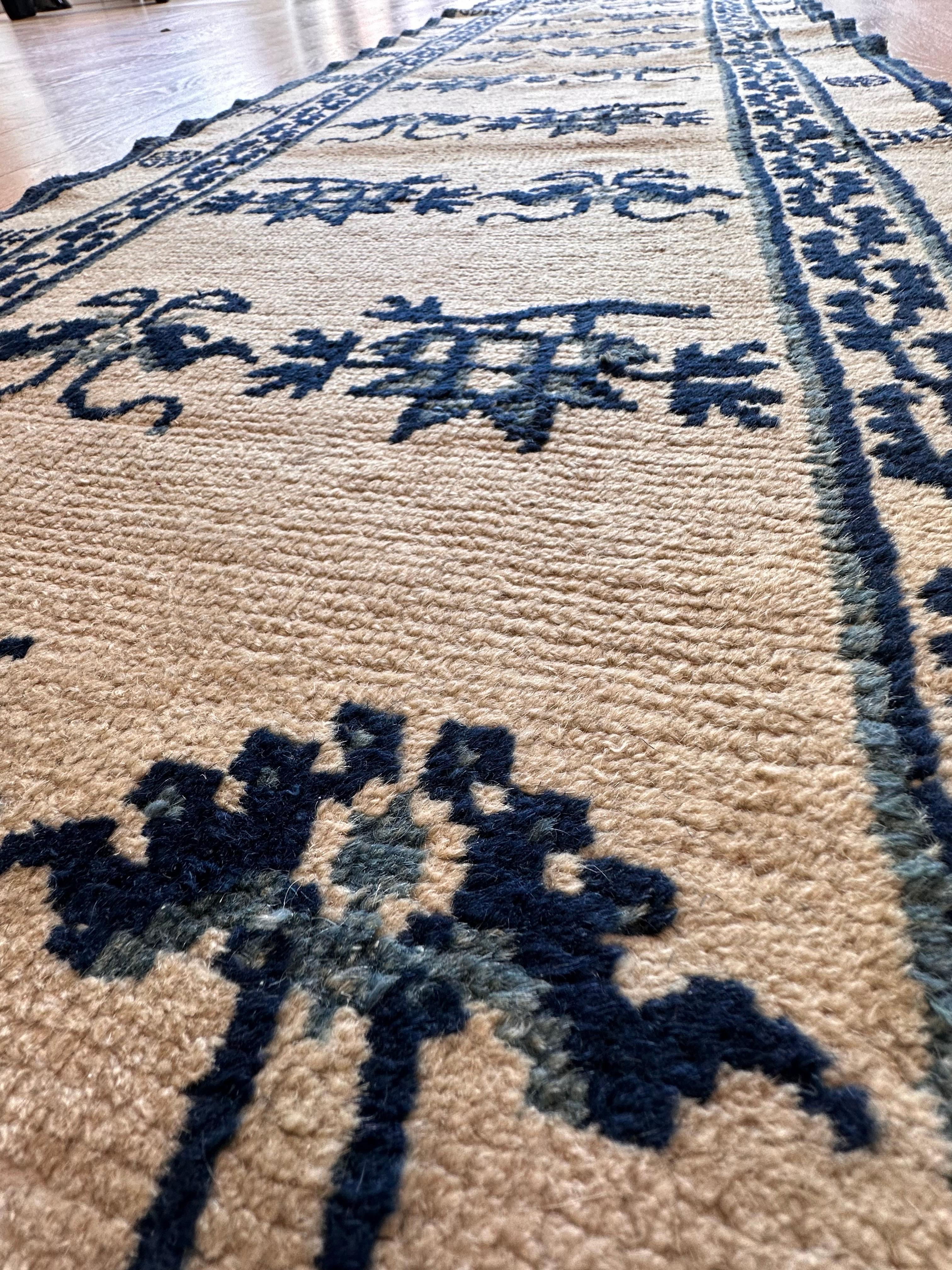 19th Century Antique Peking Chinese Runner, Handmade Oriental Rug, Circa 1870, Ivory and Blue For Sale