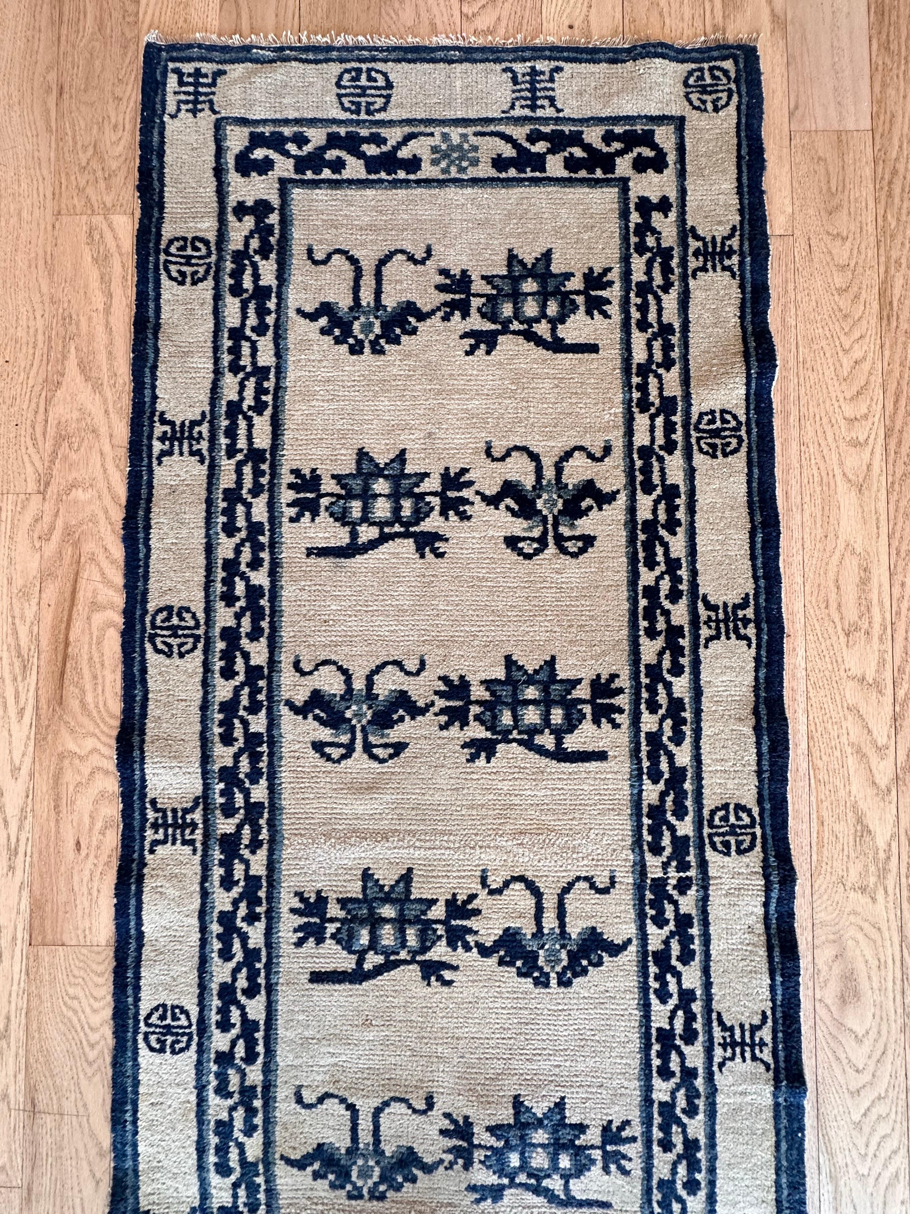 Wool Antique Peking Chinese Runner, Handmade Oriental Rug, Circa 1870, Ivory and Blue For Sale