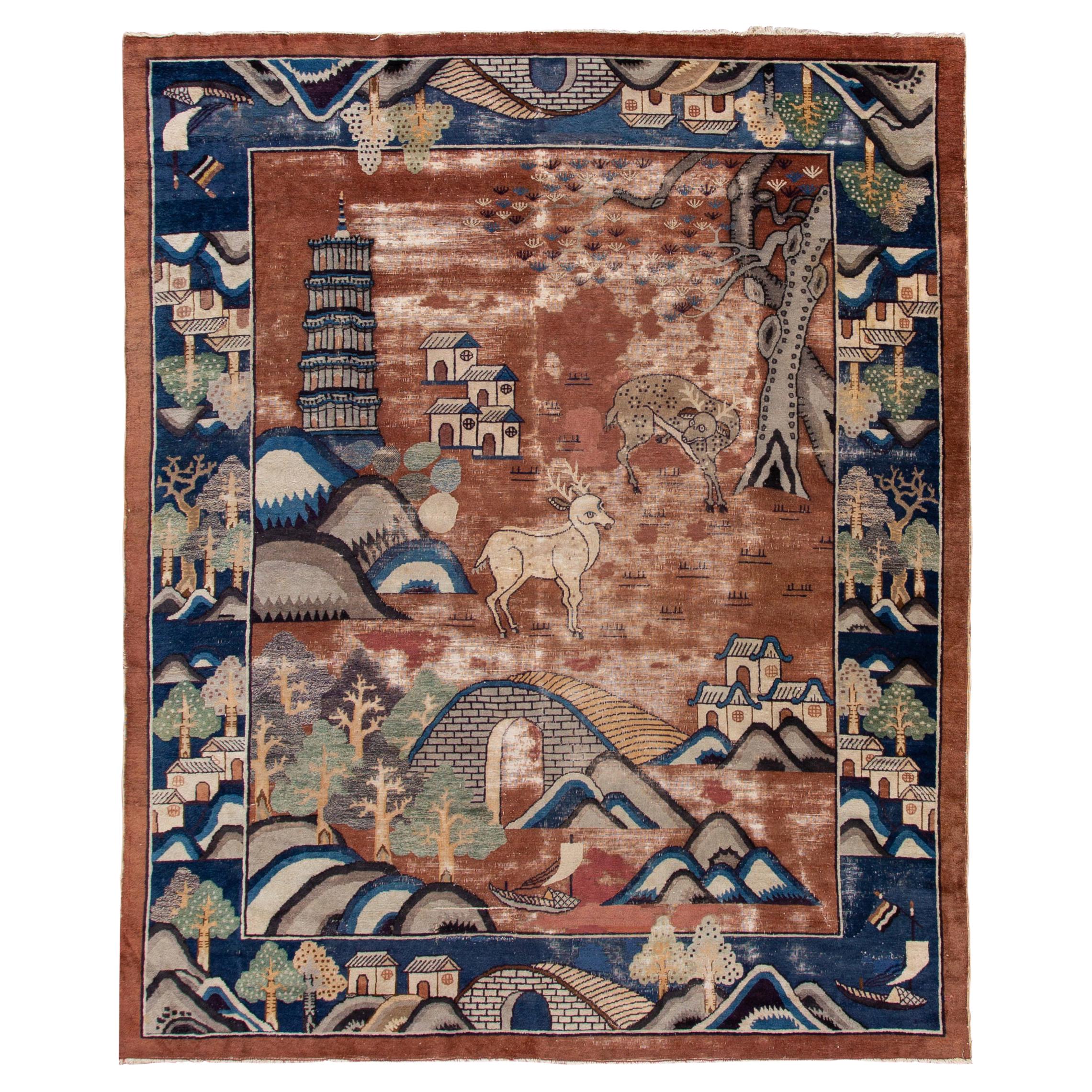 Antique Peking Brown Handmade Chinese Floral Wool Runner Rug For Sale