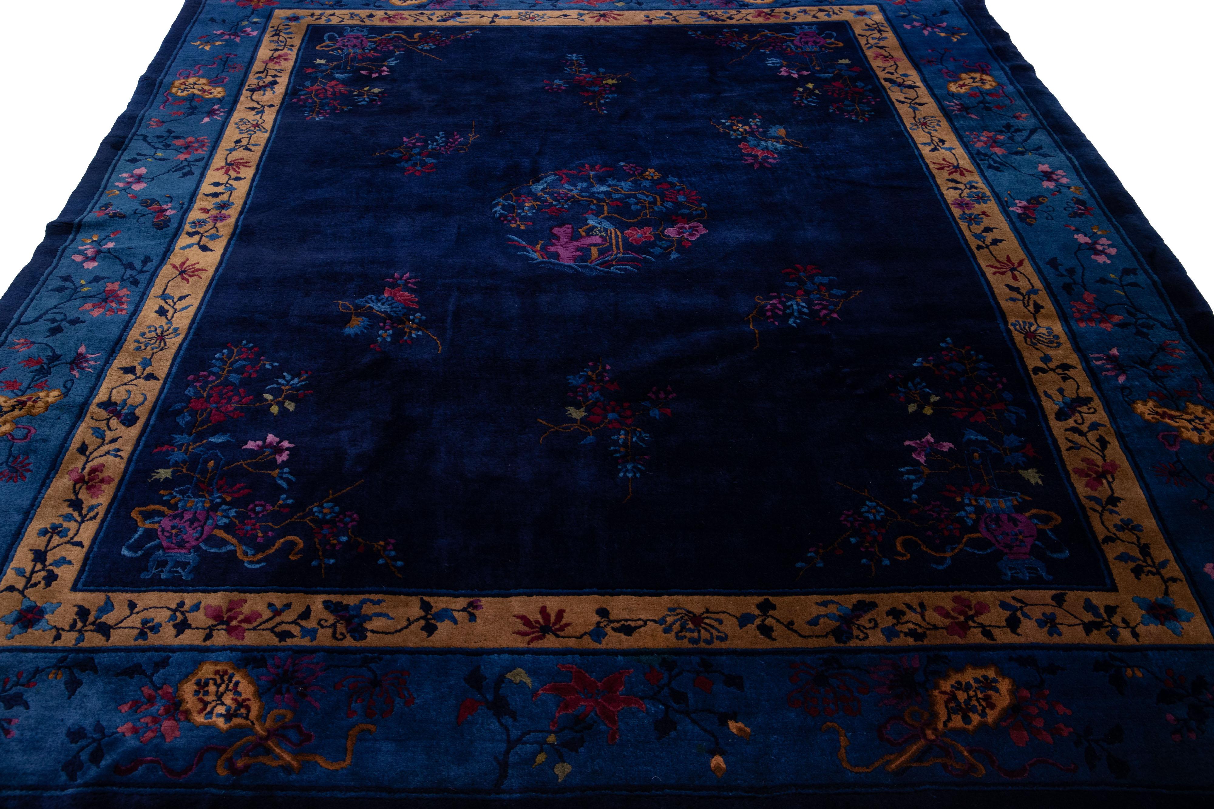 Art Deco Antique Peking Handmade Chinese Blue Wool Rug with Traditional Floral Motif For Sale