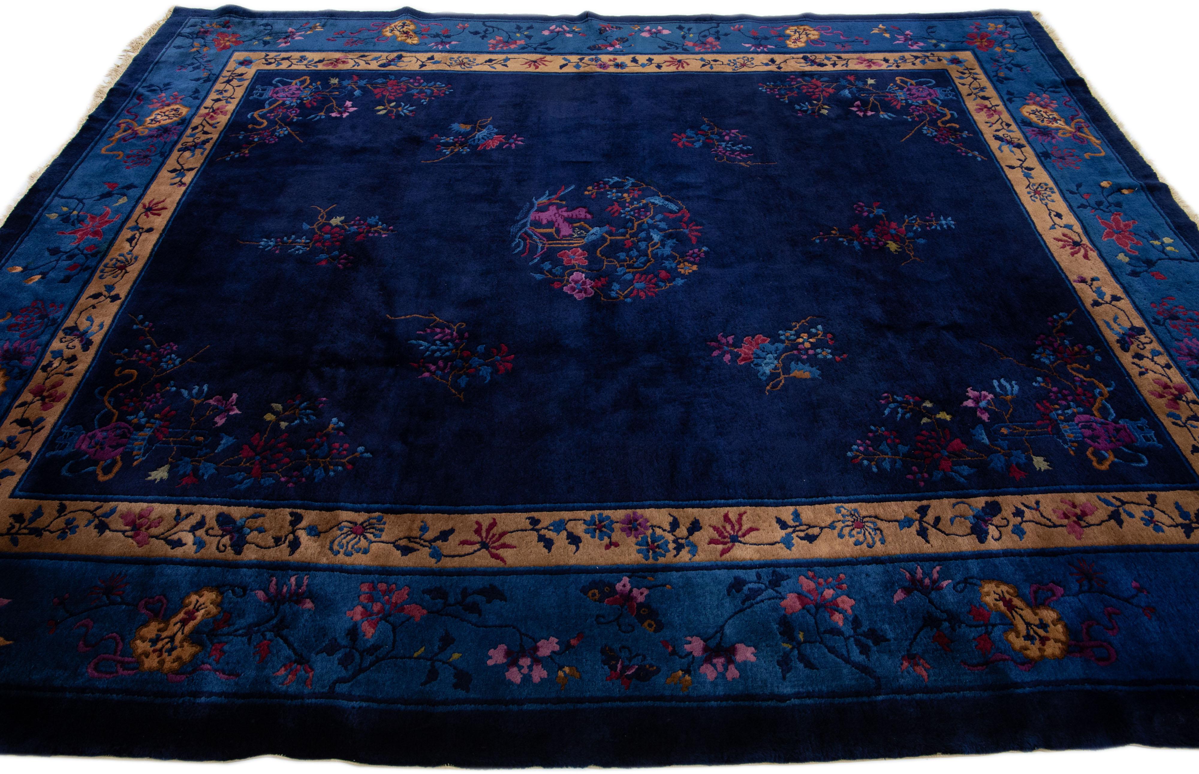 Antique Peking Handmade Chinese Blue Wool Rug with Traditional Floral Motif In Good Condition For Sale In Norwalk, CT