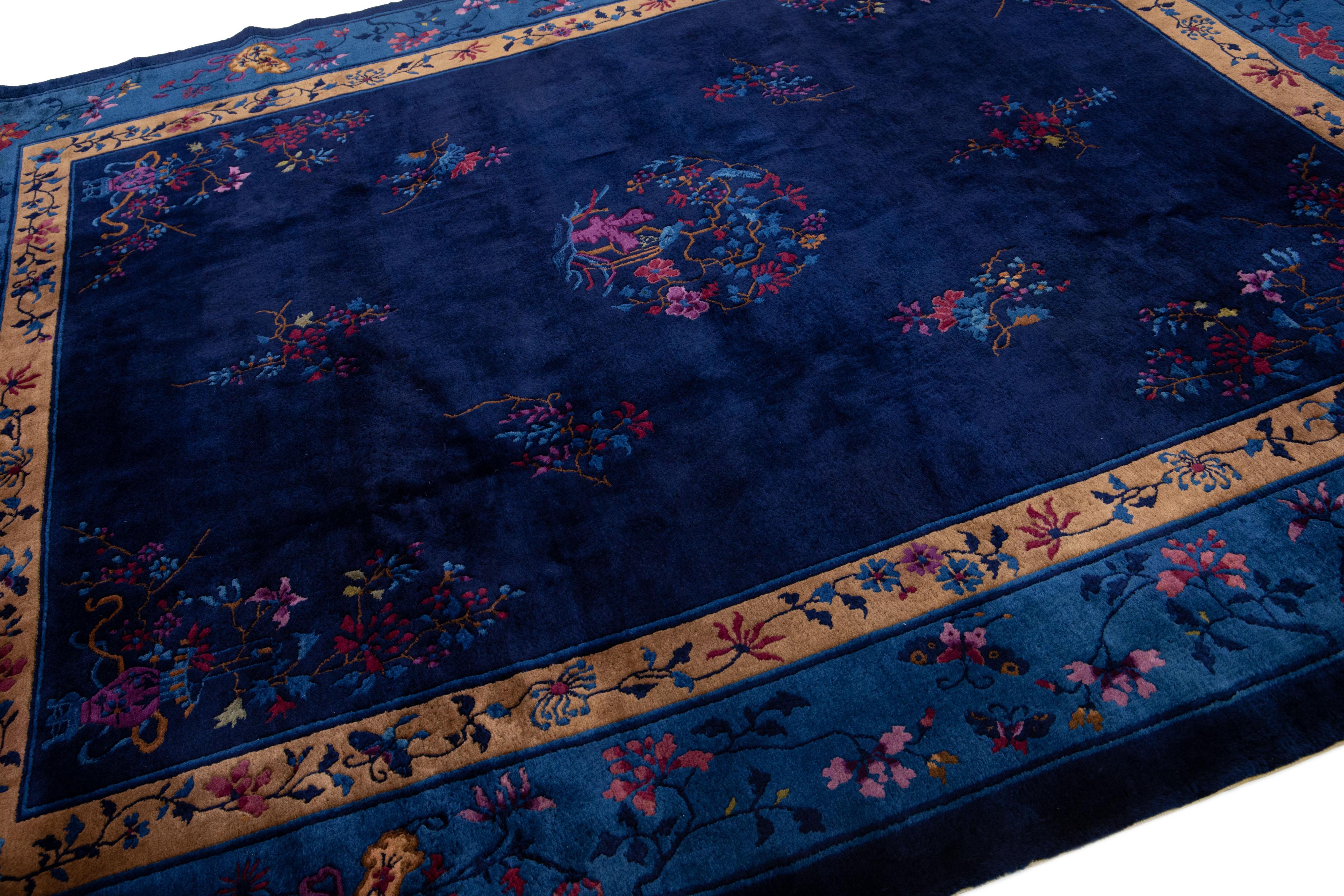 20th Century Antique Peking Handmade Chinese Blue Wool Rug with Traditional Floral Motif For Sale