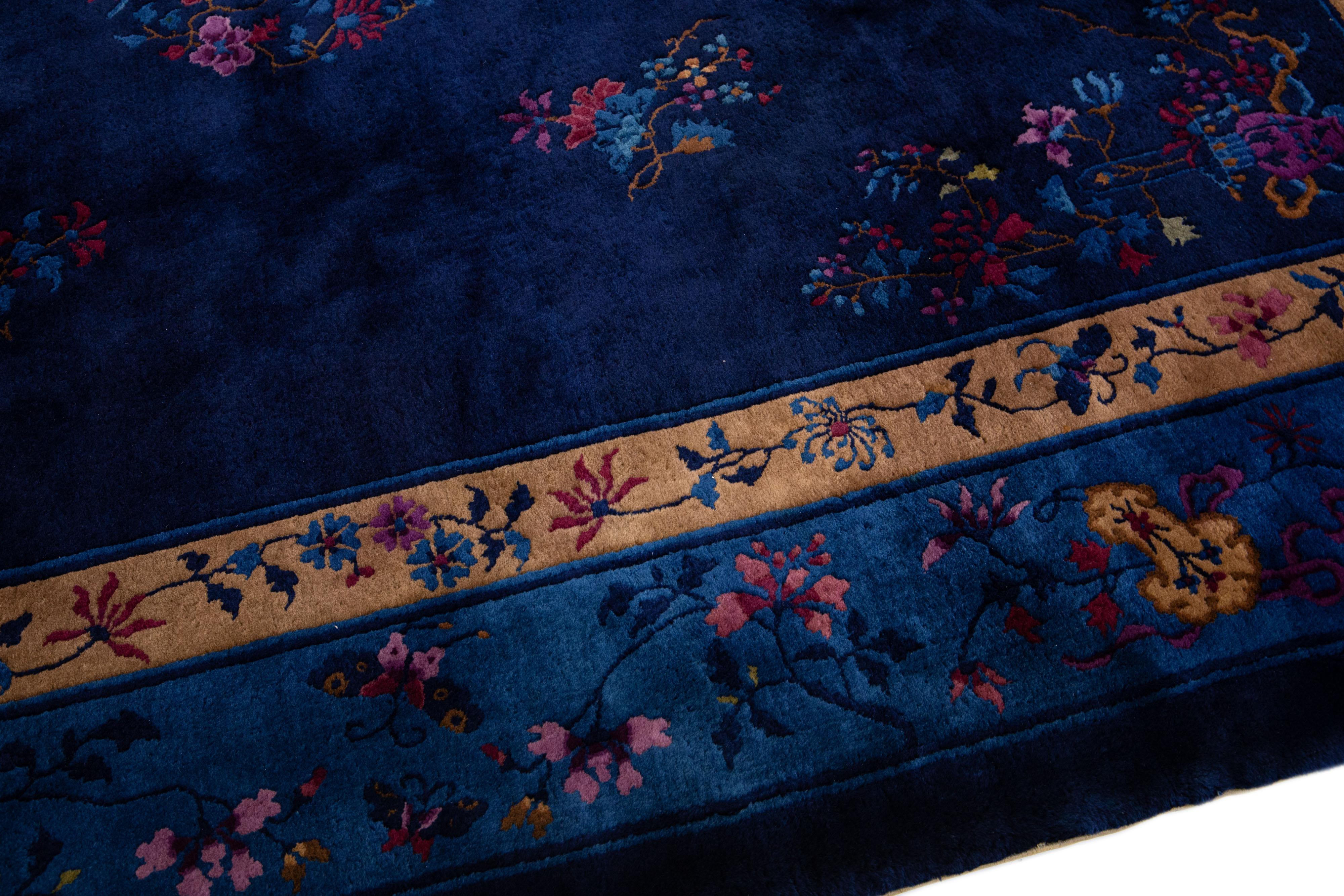 Other Antique Peking Handmade Chinese Blue Wool Rug with Traditional Floral Motif For Sale
