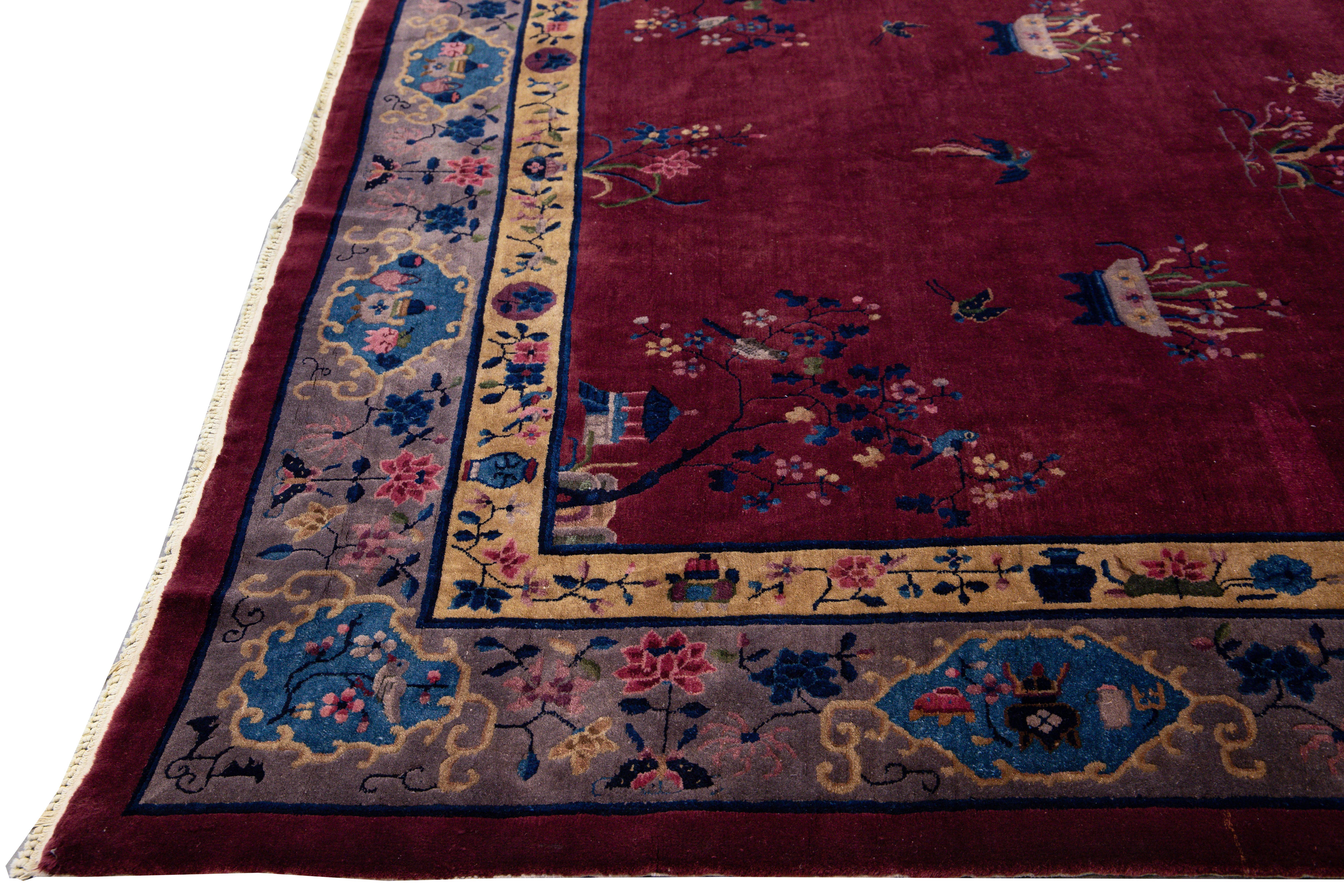 Hand-Knotted Antique Peking Handmade Chinese Floral Designed Burgundy Wool Rug For Sale