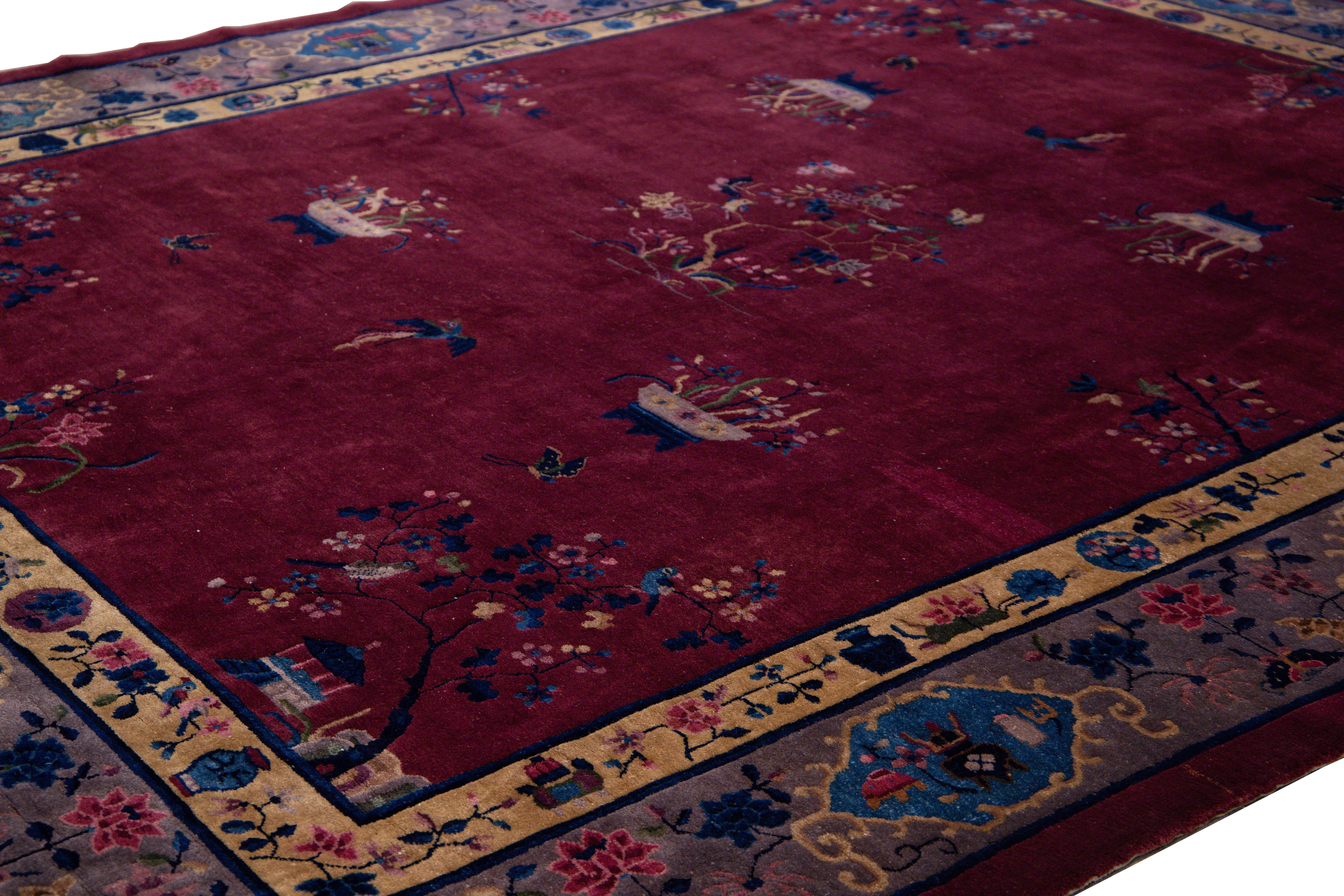 Antique Peking Handmade Chinese Floral Designed Burgundy Wool Rug In Good Condition For Sale In Norwalk, CT