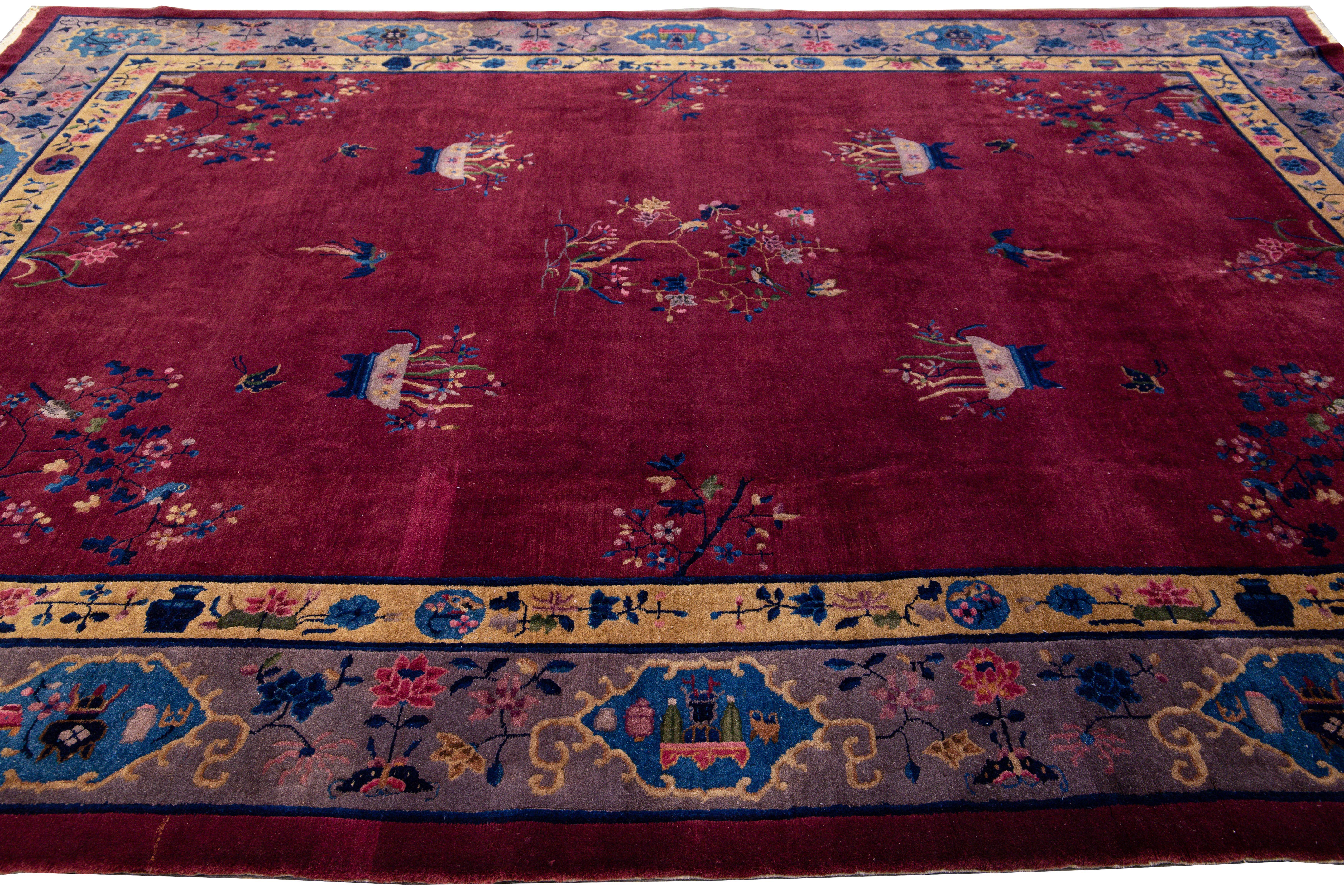20th Century Antique Peking Handmade Chinese Floral Designed Burgundy Wool Rug For Sale