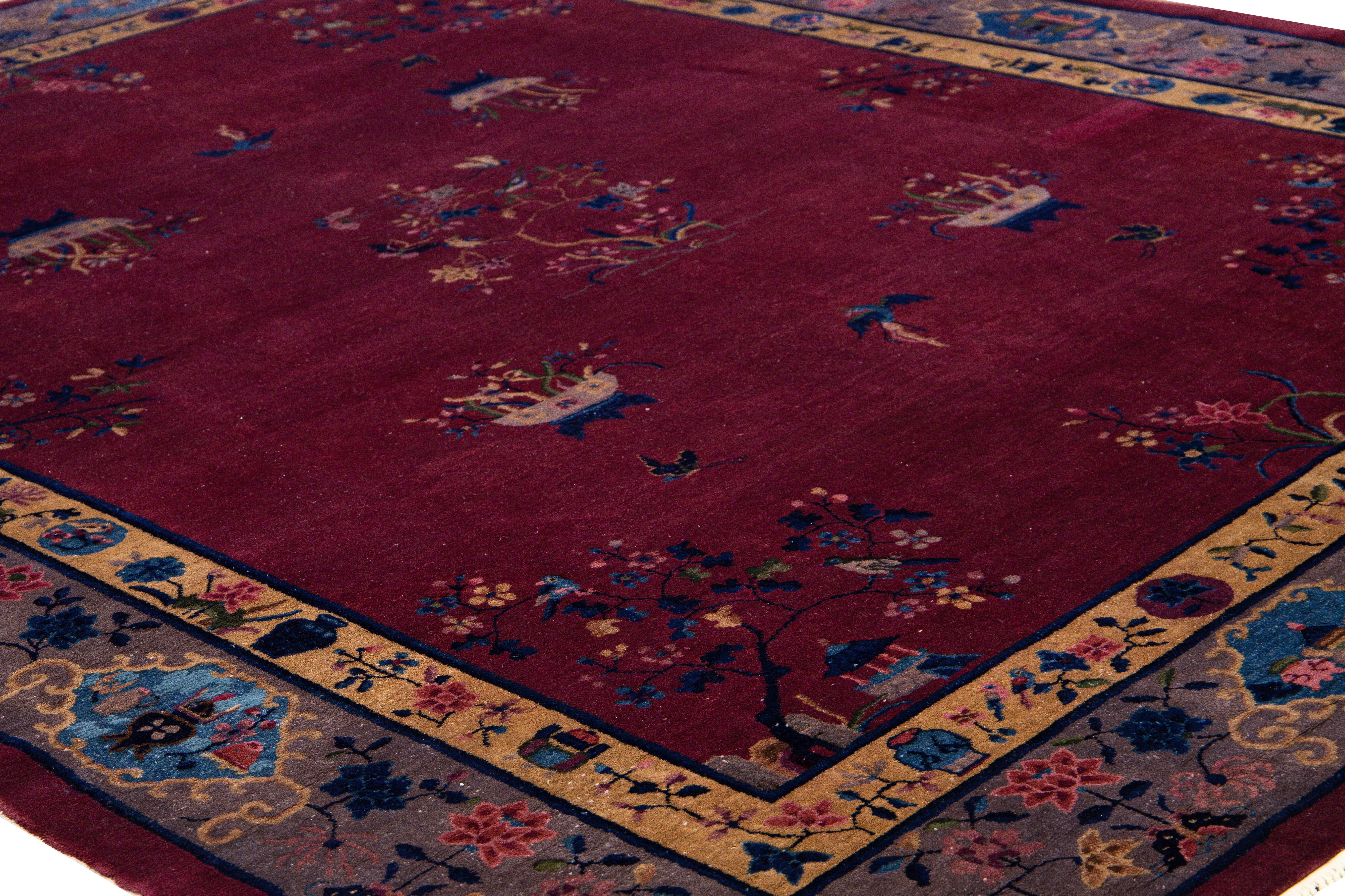 Other Antique Peking Handmade Chinese Floral Designed Burgundy Wool Rug For Sale