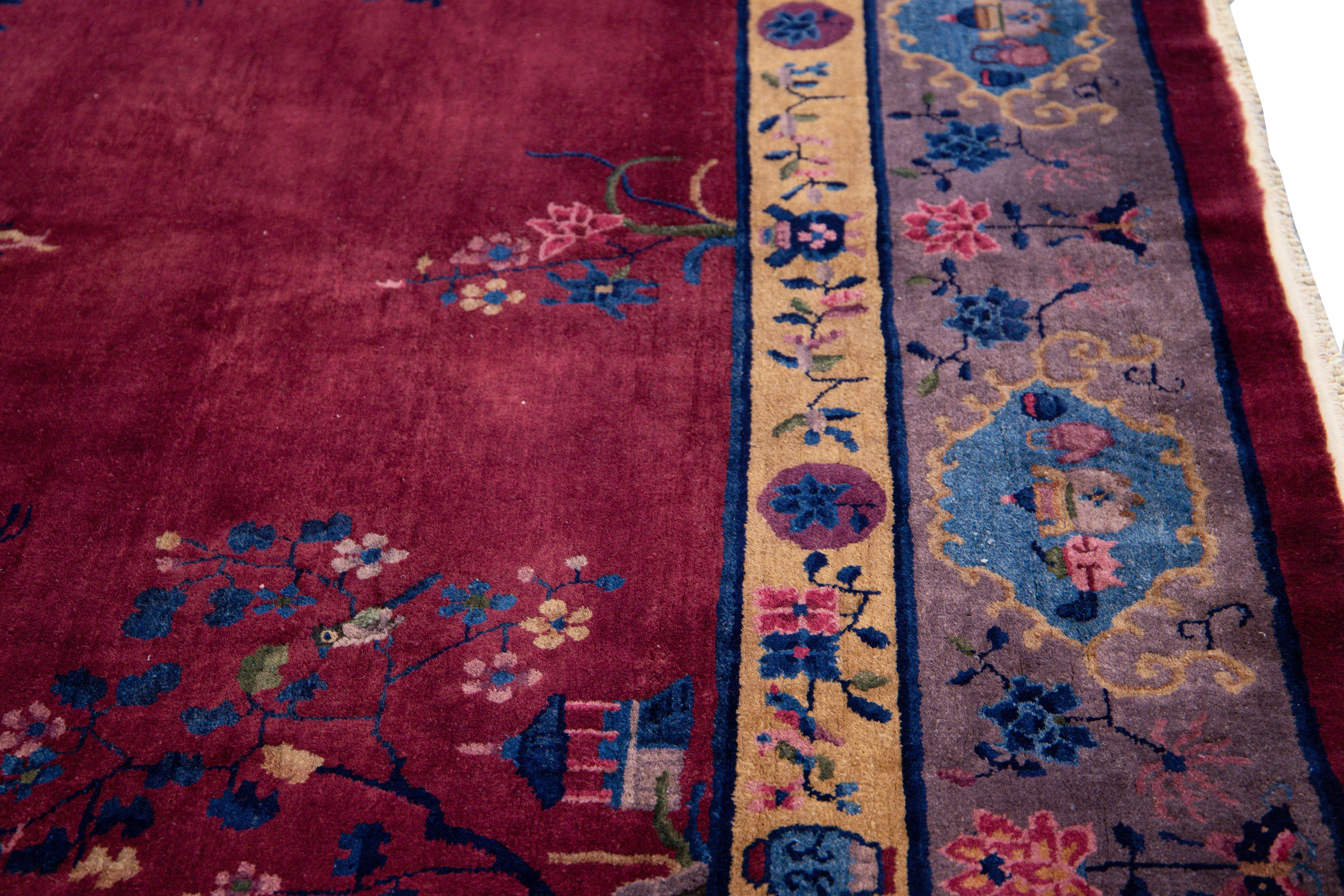 Antique Peking Handmade Chinese Floral Designed Burgundy Wool Rug For Sale 1