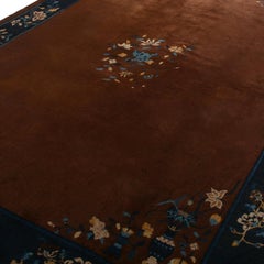 Antique Peking Medallion Brown and Blue Wool Floral Rug
