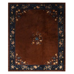 Antique Peking Medallion Brown and Blue Wool Floral Rug