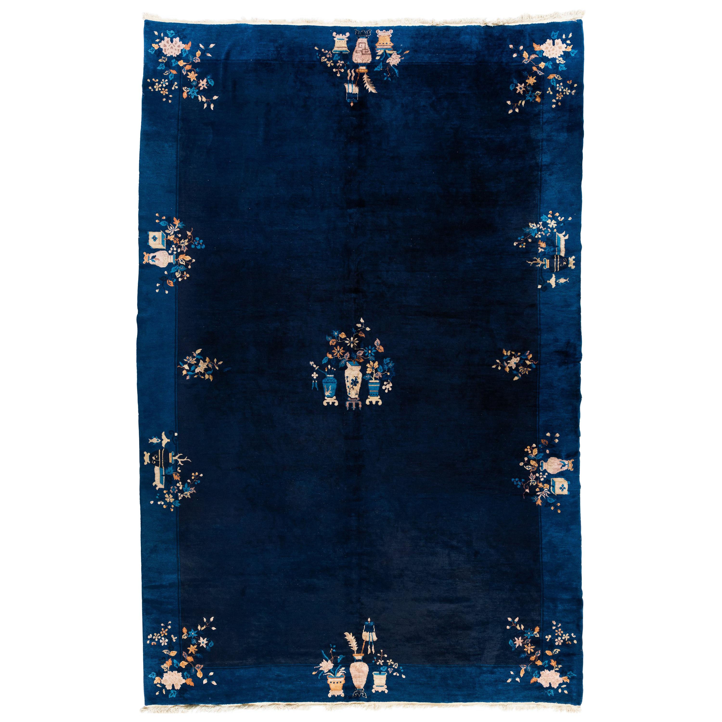 Antique Peking Navy Blue Wool Rug with Vase and Floral Design For Sale
