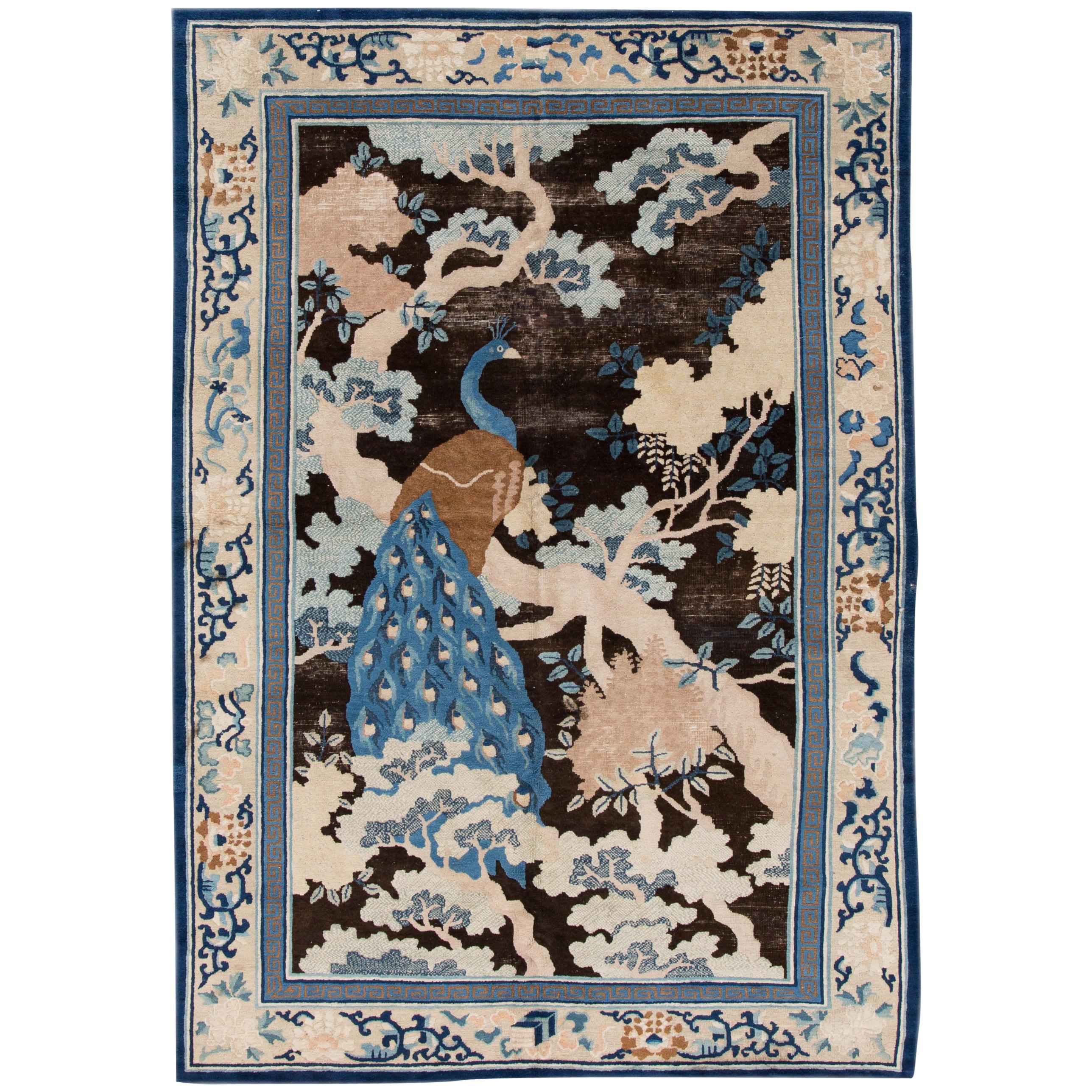 Antique Blue Chinese Peking Bird Design Wool Rug 7 Ft 8 In X 9 Ft 5 In