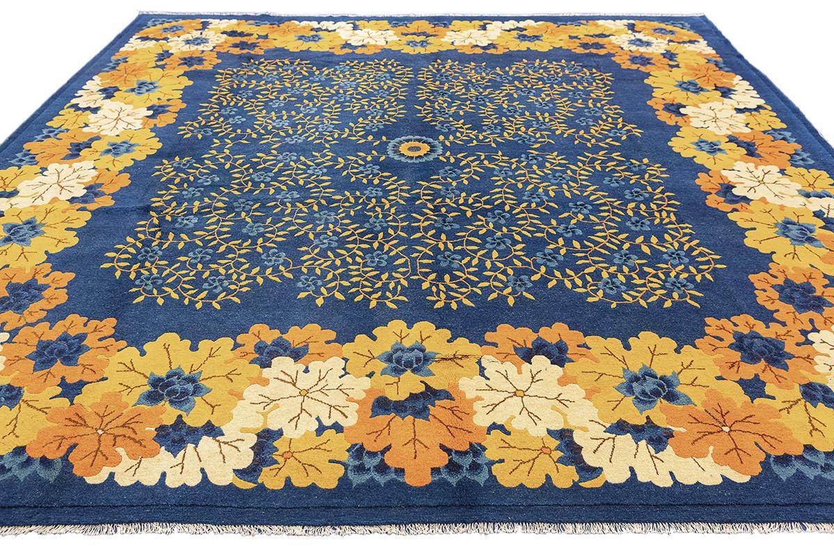 Hand-Knotted Antique Peking Rug Blue Field For Sale