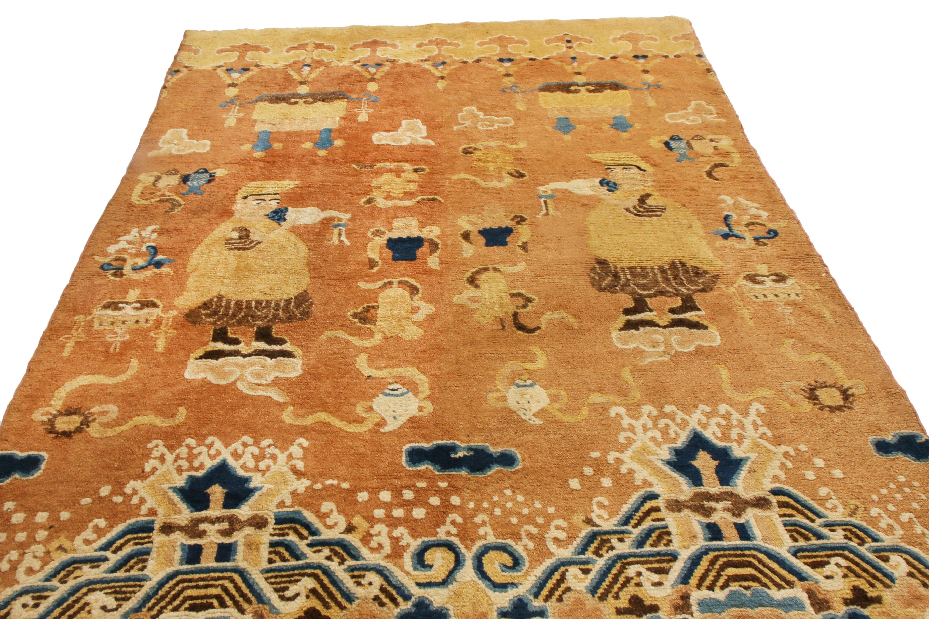 A splendid 4 x 7 Peking rug of sought-after Chinese antiquity in a traditional Peking style floral pattern. Hand knotted in wool circa 1920-1930, the design displays a pictorial representation of traditional art belonging to the period that spans